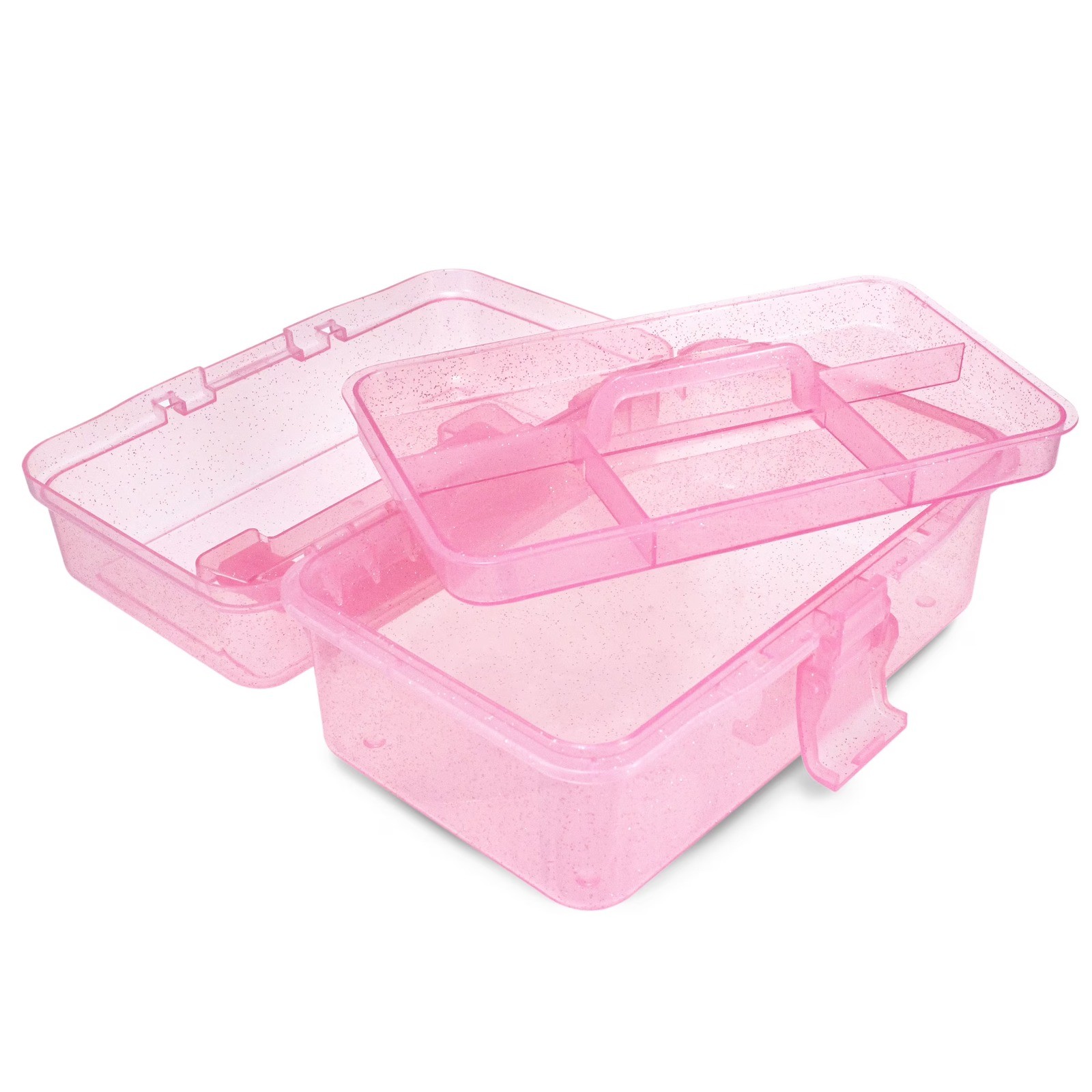 Glitter pink craft storage box with removable tray