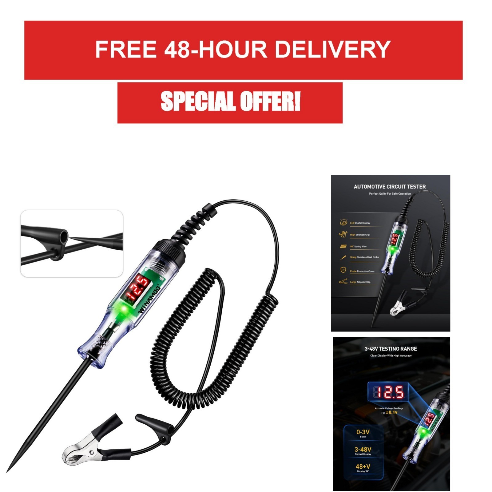 WINAMOO Automotive Test Light with LED Voltage Display, 3-48V Circuit Tester