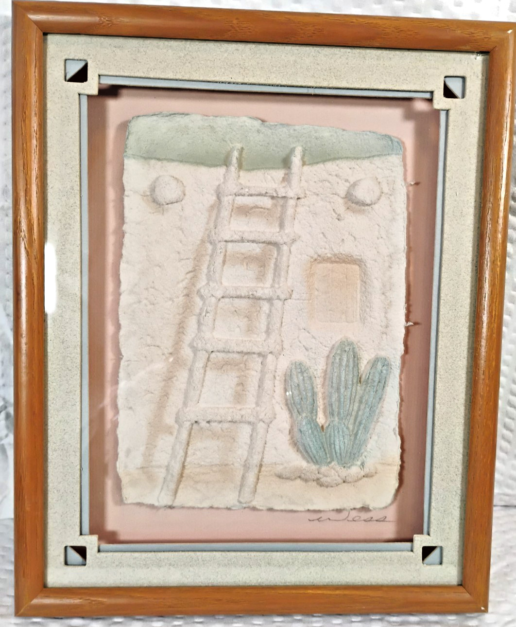 Southwestern framed paper art mixed media vtg adobe building Fiji Graphics PC102