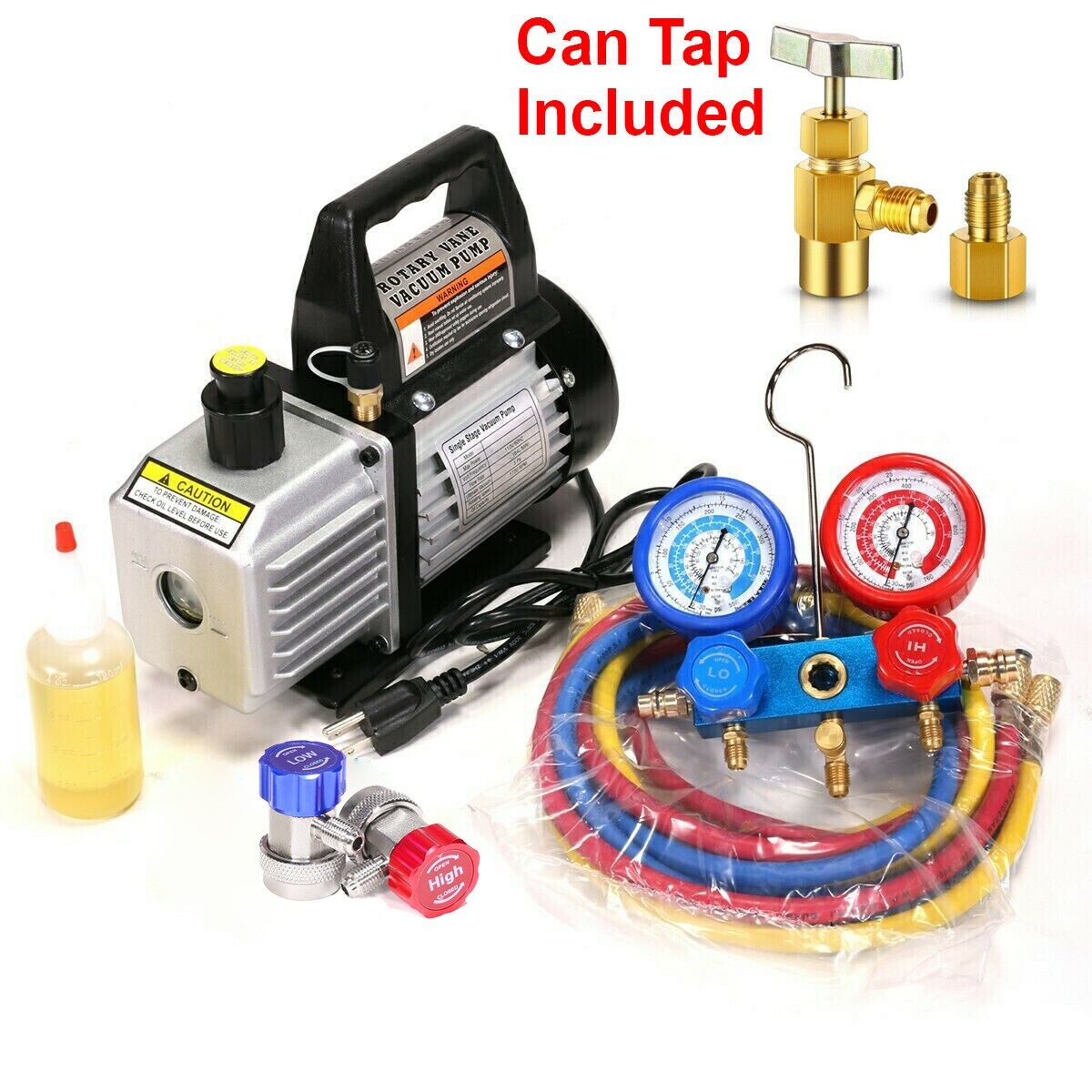 Manifold Gauge set Combo 4 CFM Air Vacuum Pump HVAC + R134A Kit AC A/C