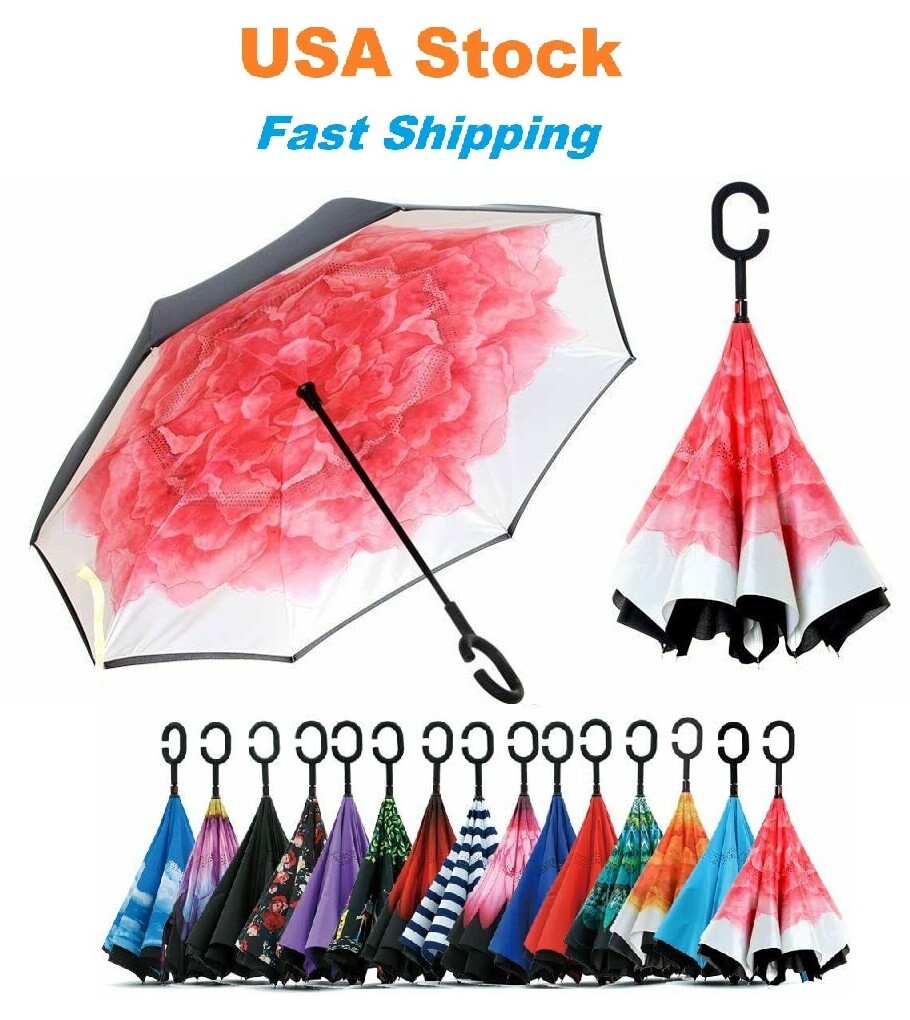 C-Handle Inverted Reverse Umbrella, Flower print (Inside-out, Upside-down)