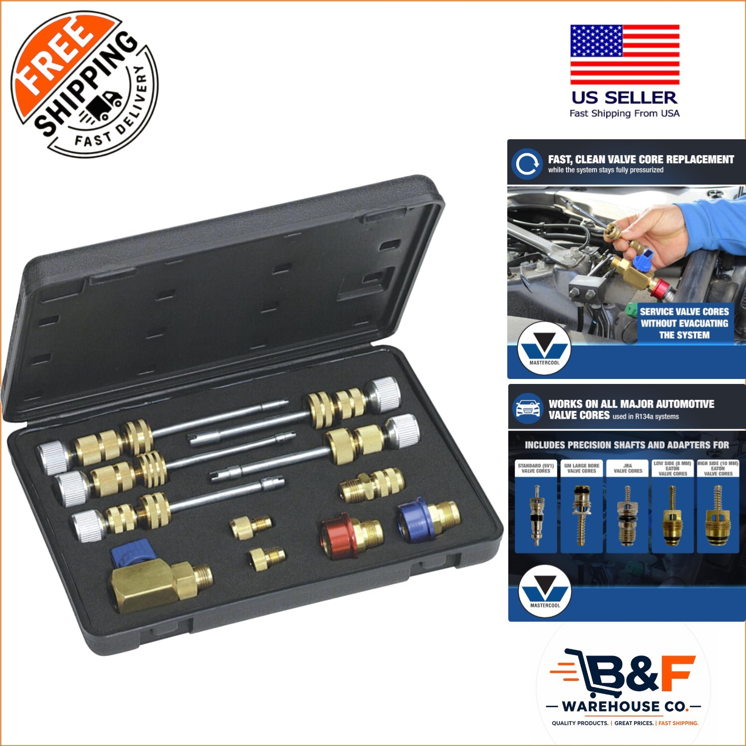 Durable R134a Valve Core Removal Kit: Includes Shafts, Adapters & Carrying Case
