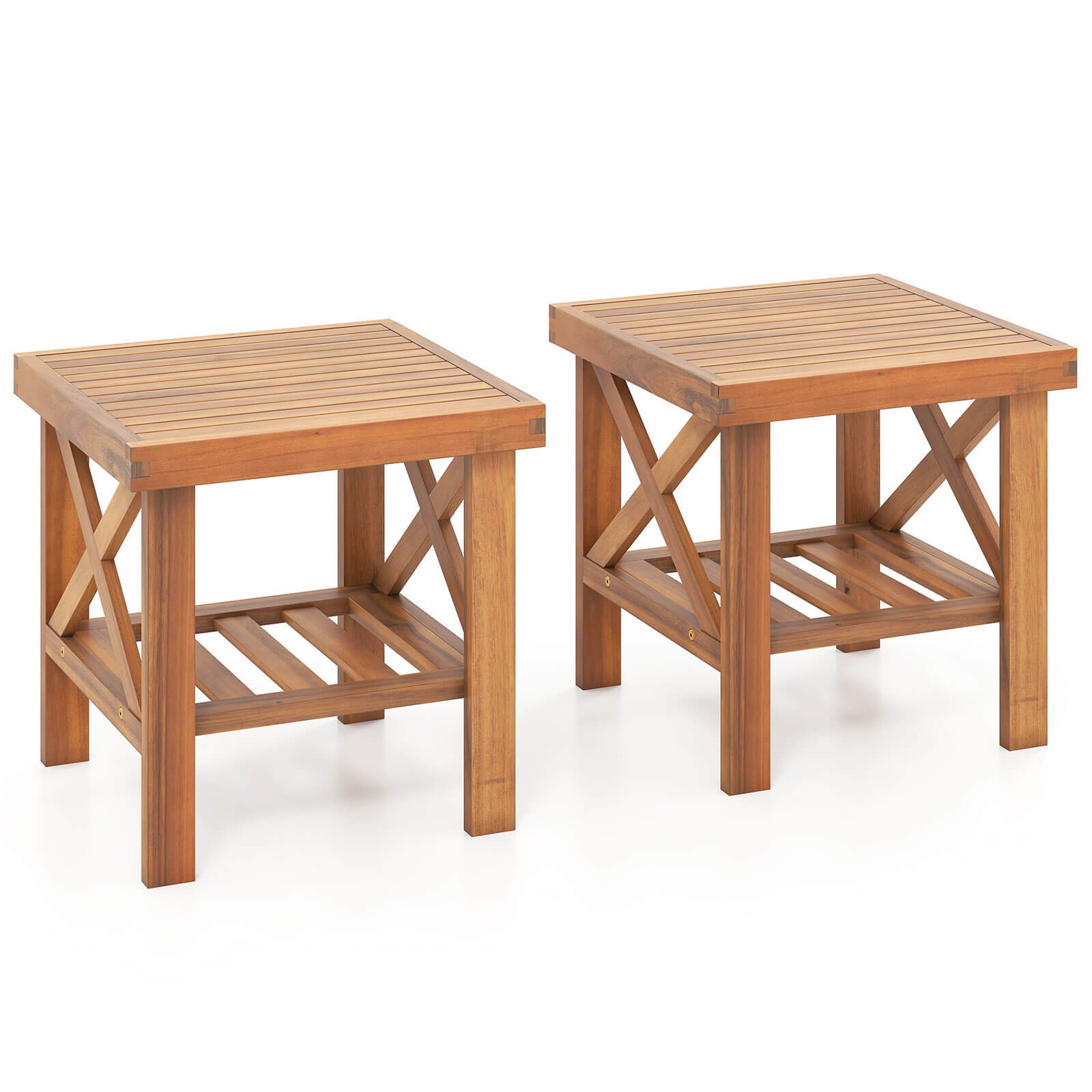 2PCS Outdoor Side Table Acacia Wood Adirondack Table with Storage Shelf Natural