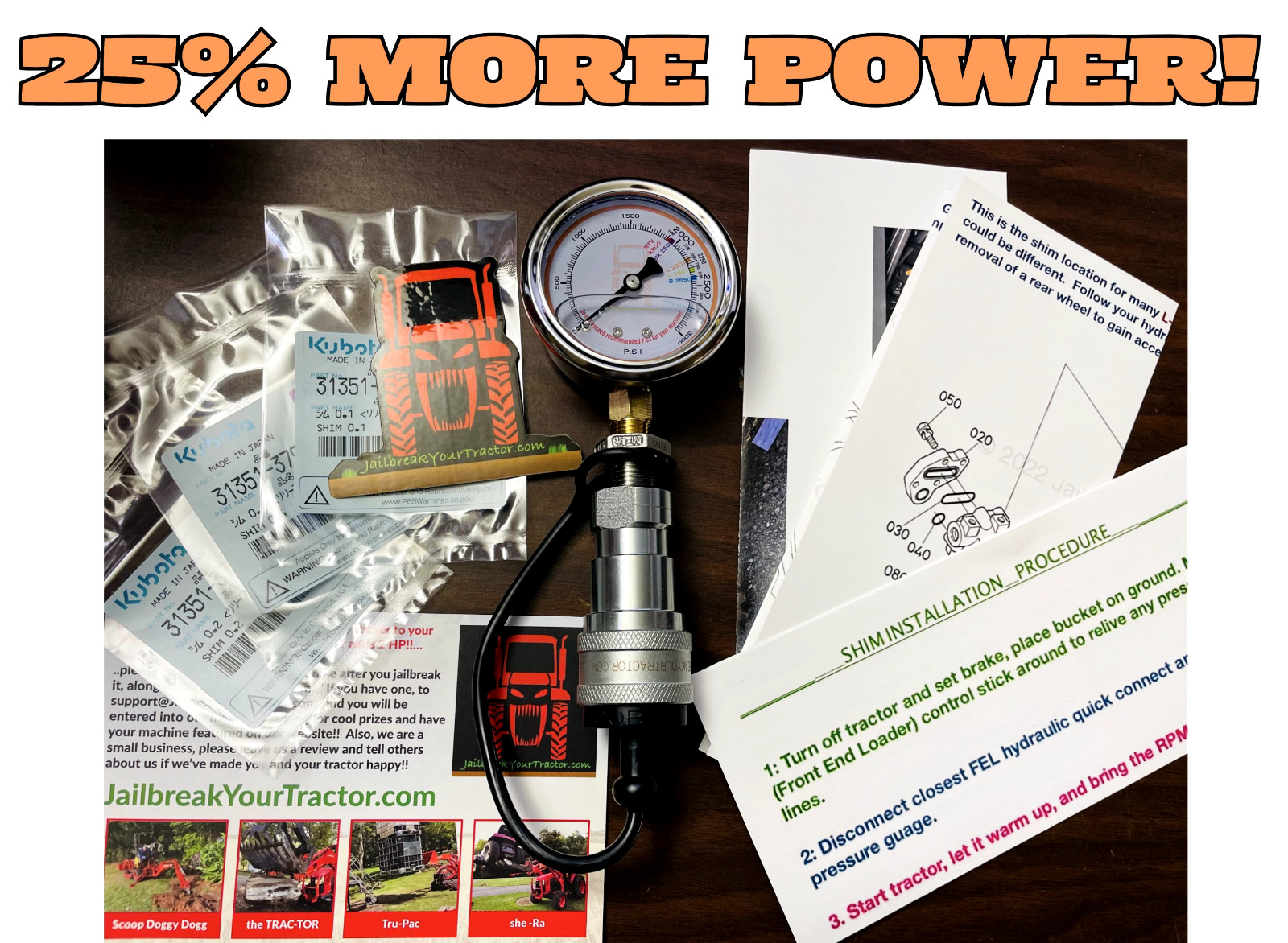 *KUBOTA Pressure BOOST kit W/Gauge Hydraulic Shims Poppet L, MX Series+25%!*