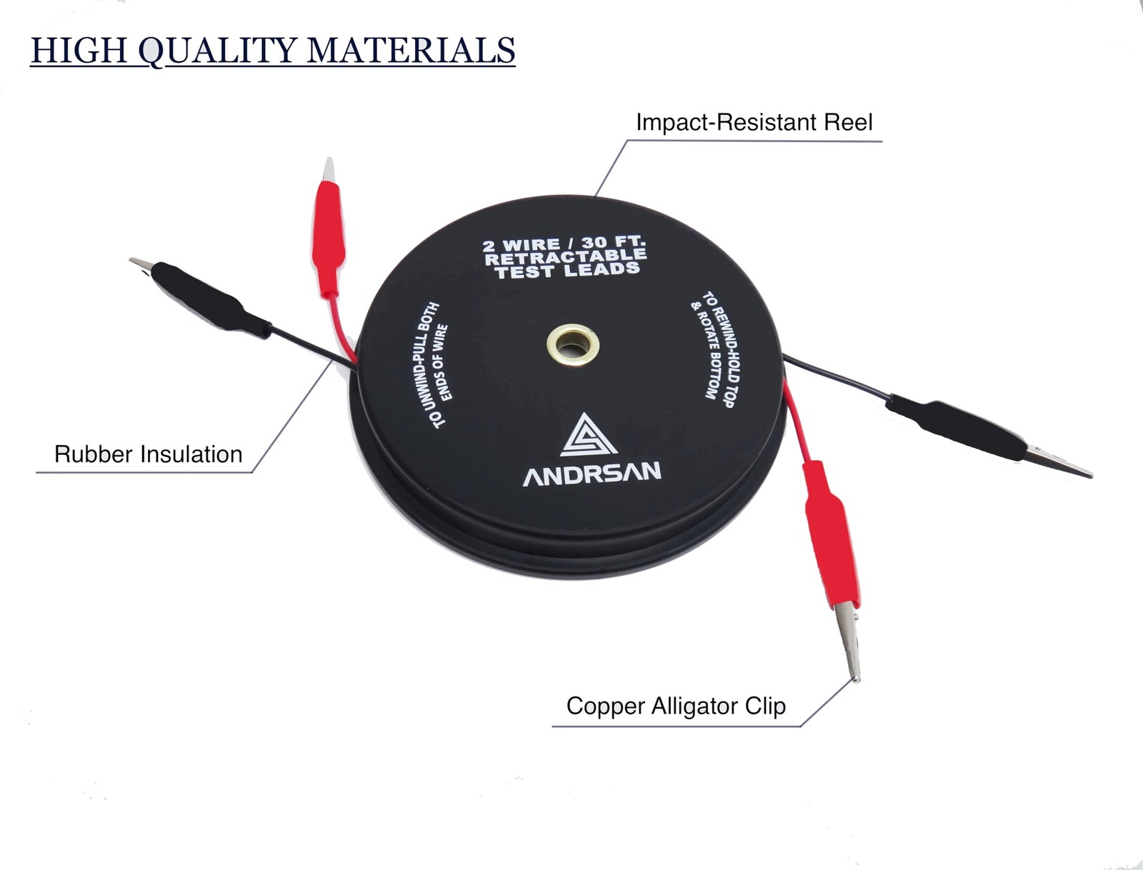 2 Wire 30â€™ Retractable Test Leads with 2â€ Alligator Clips, 18 Gauge Elect...