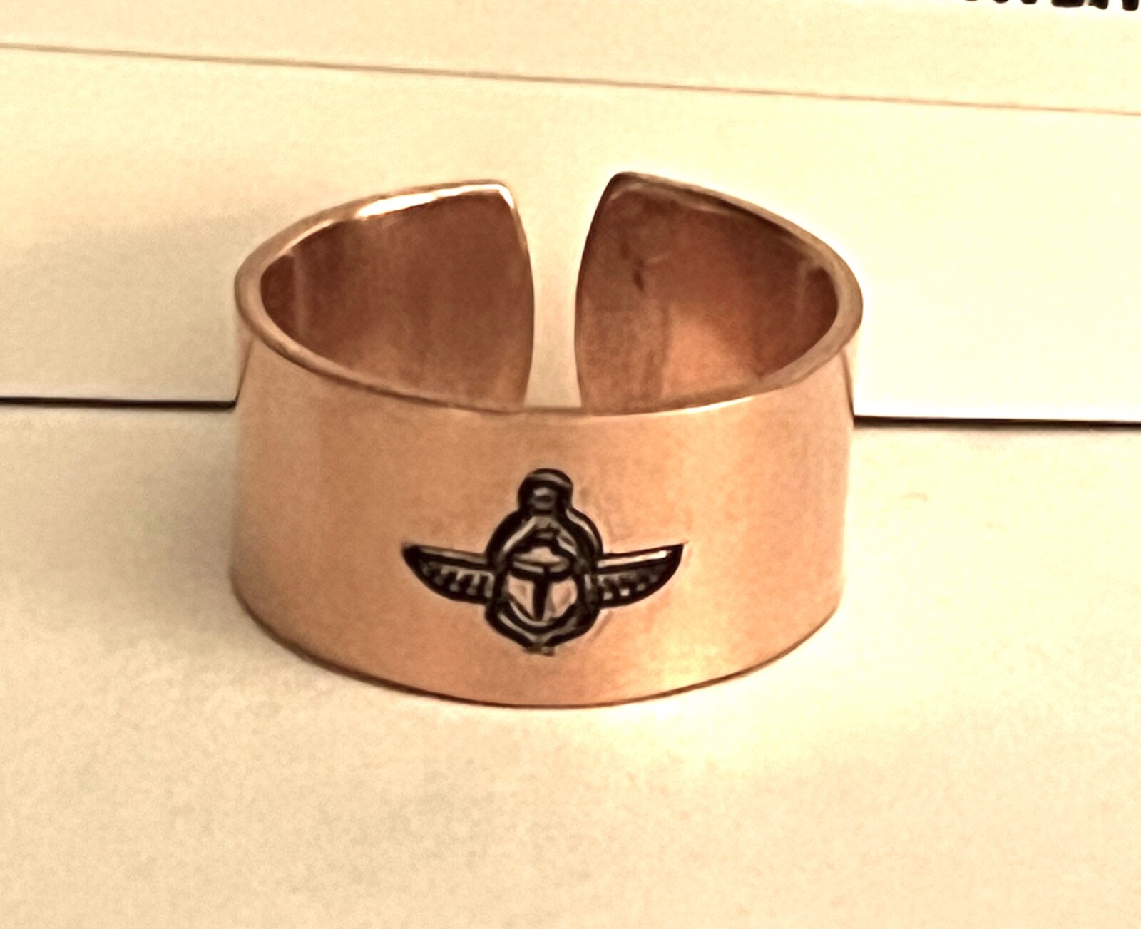 COPPER OPEN BACKED DESIGNED STAMPED RING WINGED SCARAB #CR-282
