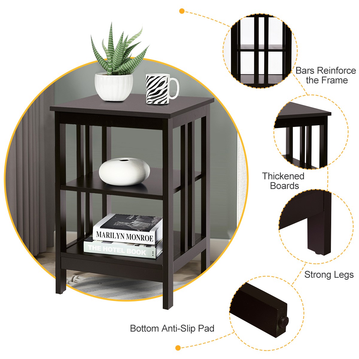 3-tier Side Table Nightstand Sofa End Table Storage Display Shelf Espresso