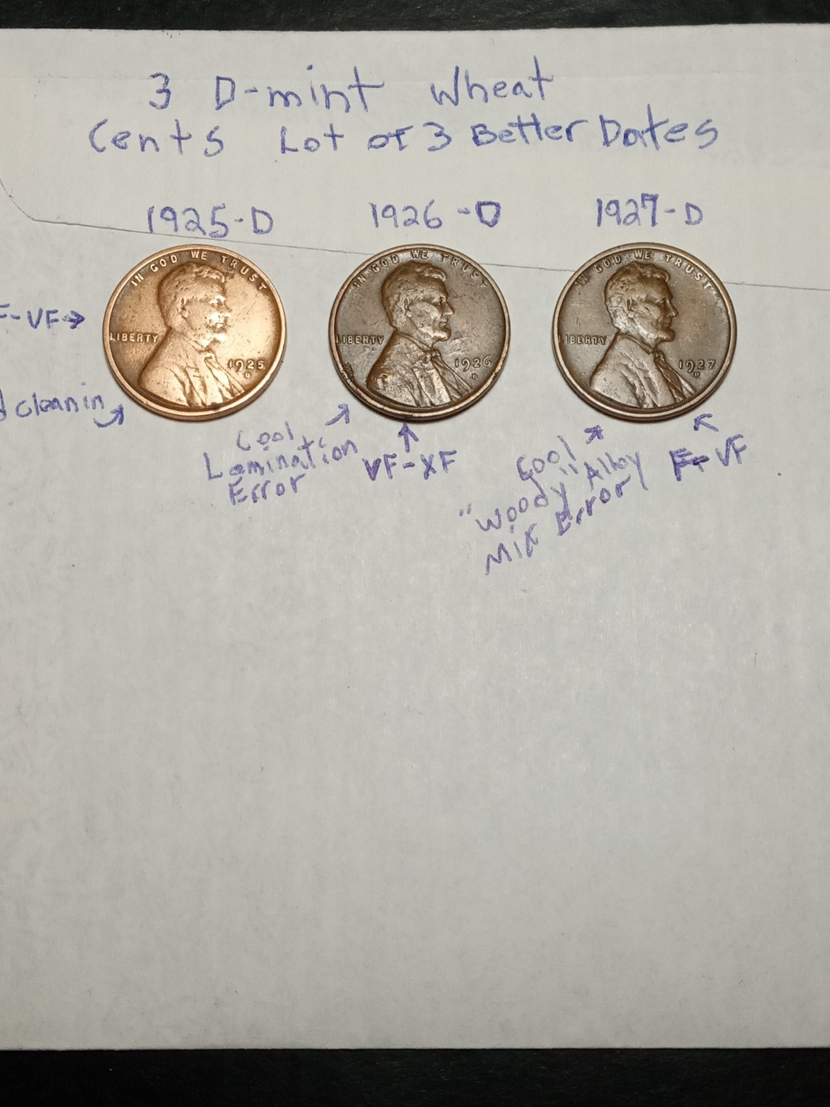 Lot of 3 Lincoln Wheat Cent Pennies $.1¢-Raw From Album!1925 D,26 D,& 27 D*F-XF!