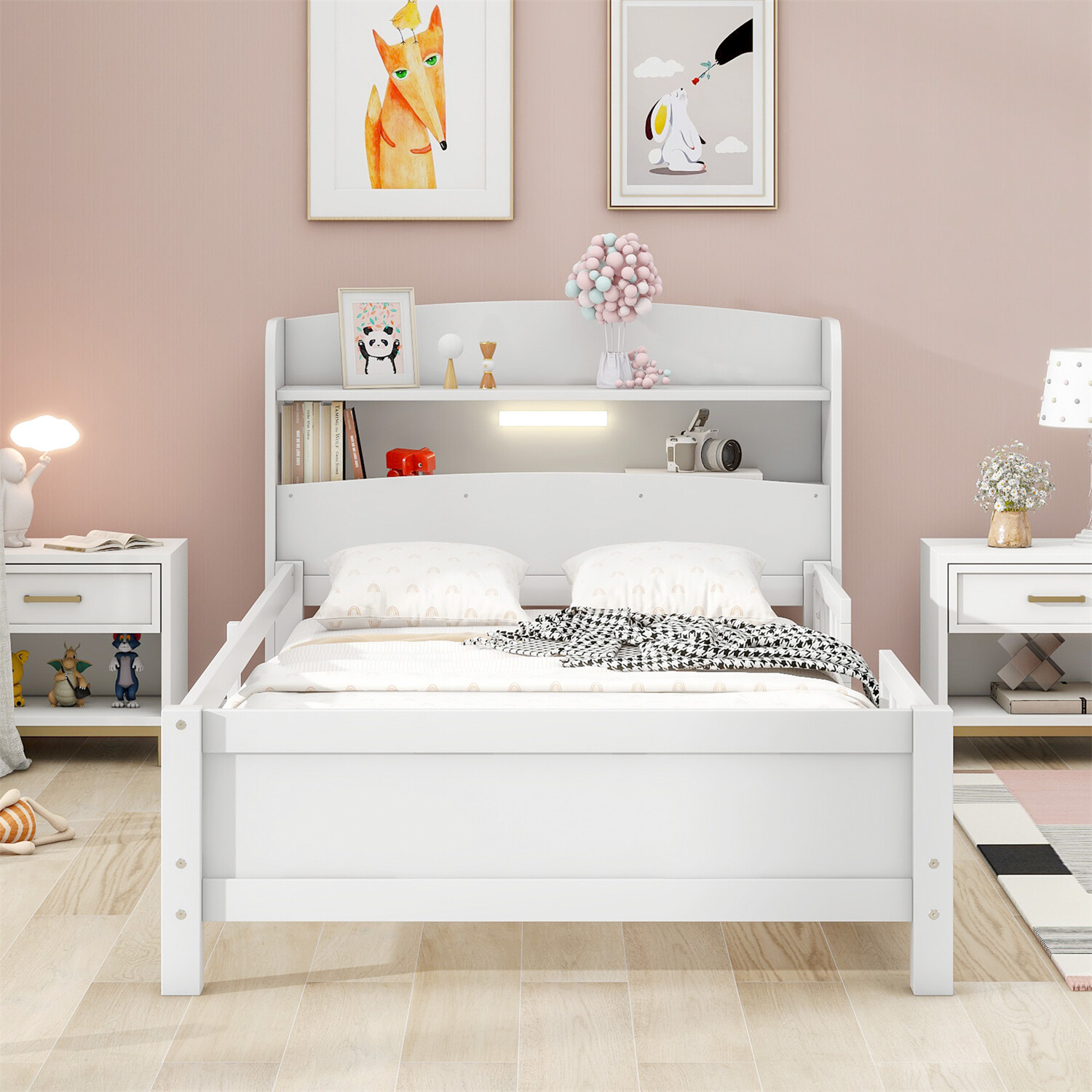 Twin/Full Size Bed Frame Wood Platform Bed w/ Storage Headboard White/Gray