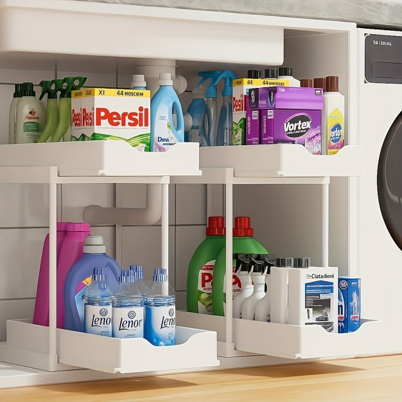 2Pcs White 2-Tier Pull Out Storage Shelf Kitchen Bathroom Counter Organizer