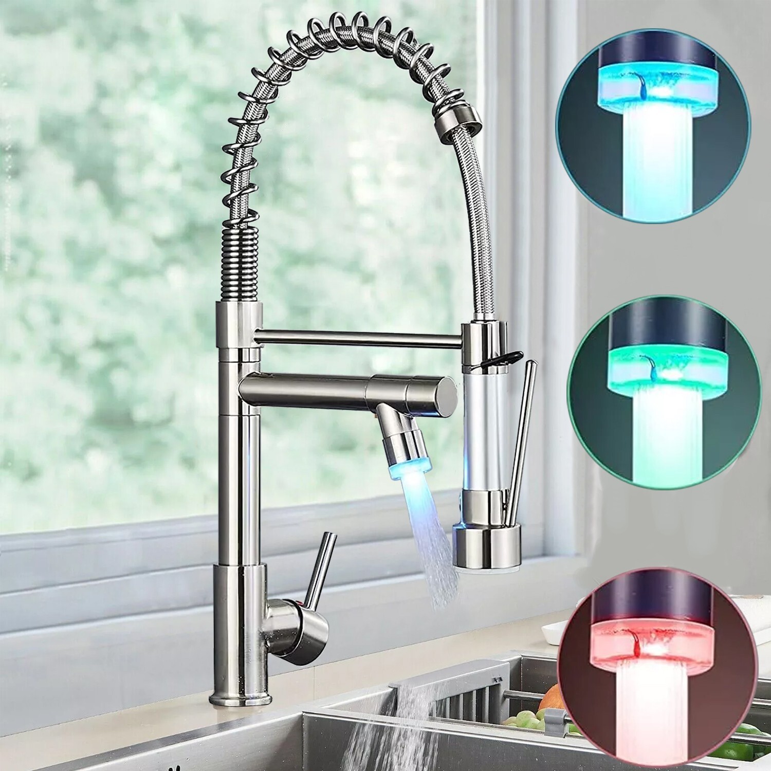 LED Kitchen Sink Faucet Pull Down Swivel Sprayer One Hole Mixer Brushed Nickel