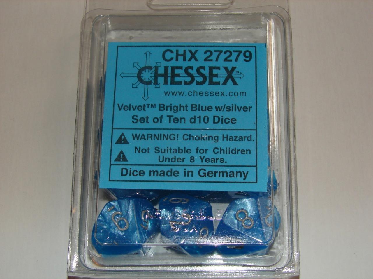 NEW Chessex Velvet Bright Blue w/Silver 10d10 Die Set - CHX 27279