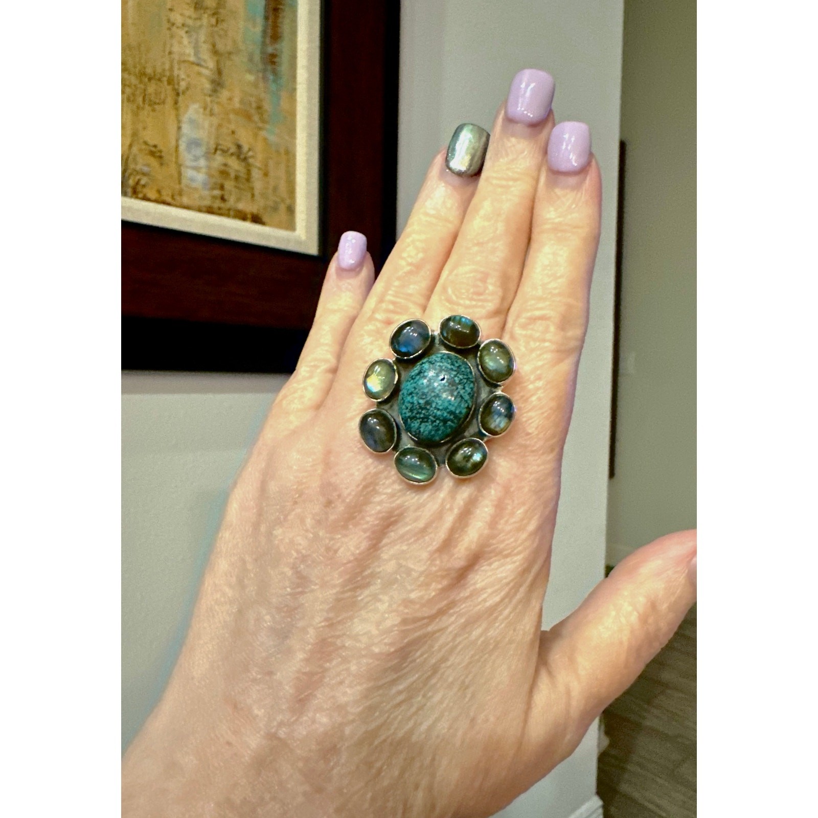 Spiderweb Turquoise & Labradorite Oval Cluster Ring Size 10