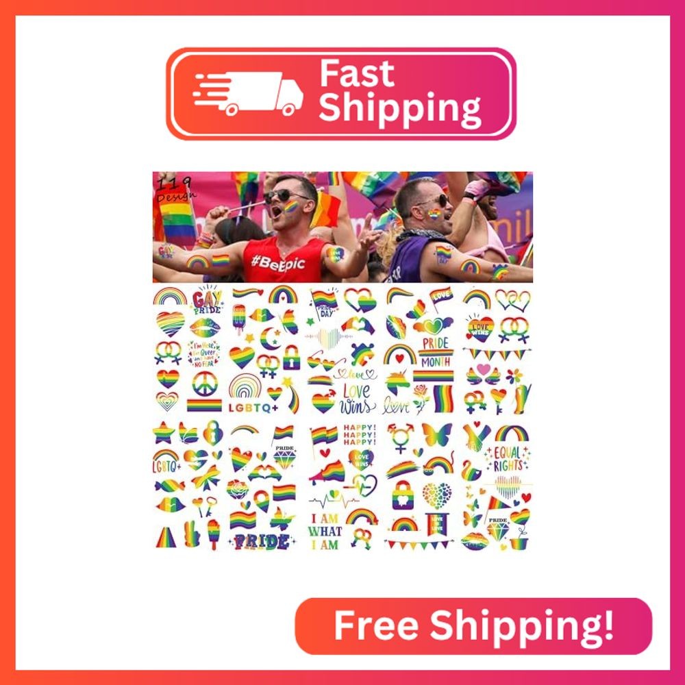 119+ Pcs Gay Pride Tattoos - Temporary Rainbow Flag Tattoo Stickers, Heart Lips