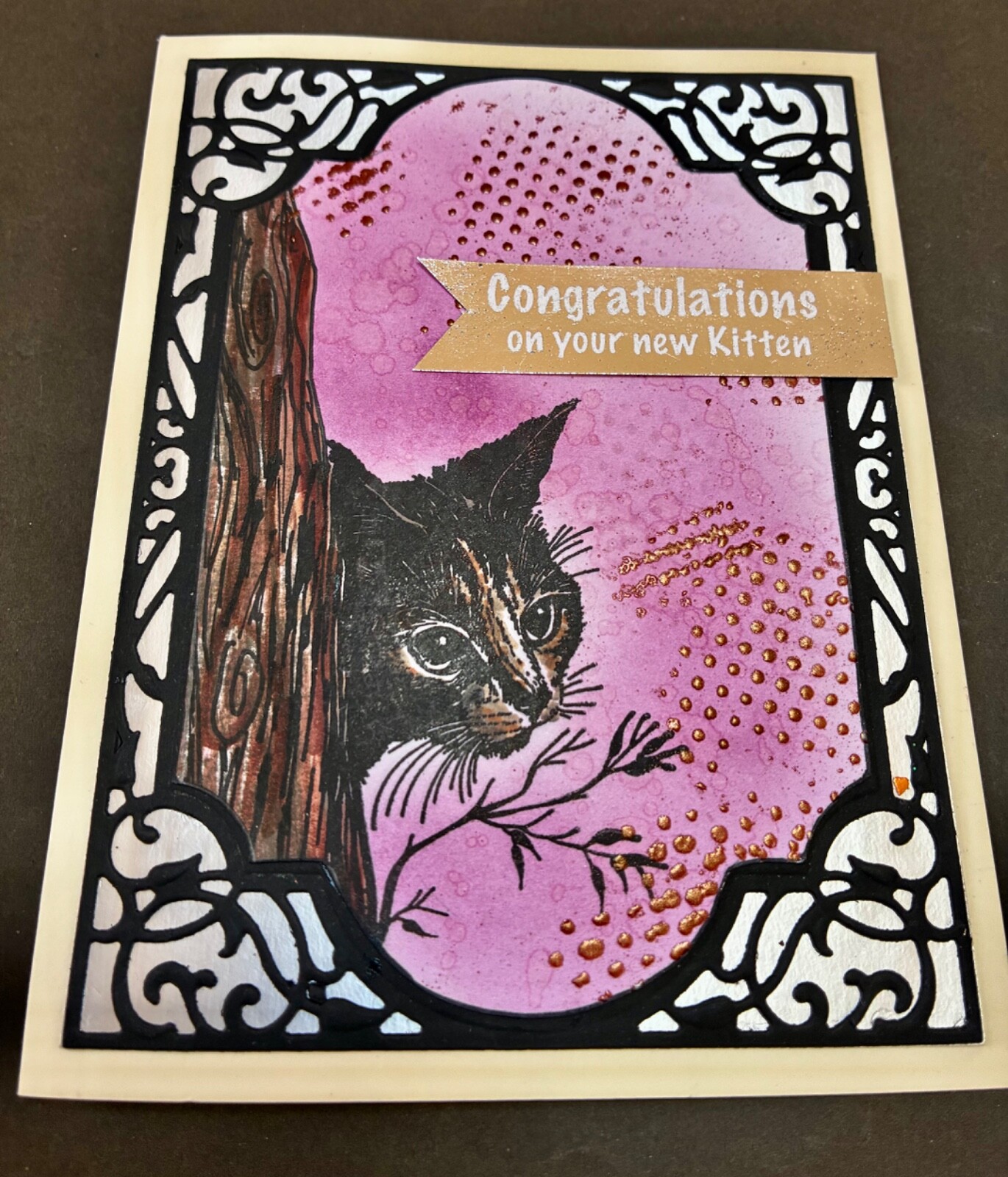 CONGRATULATIONS - NEW KITTEN - handmade MIXED MEDIA card by Dee