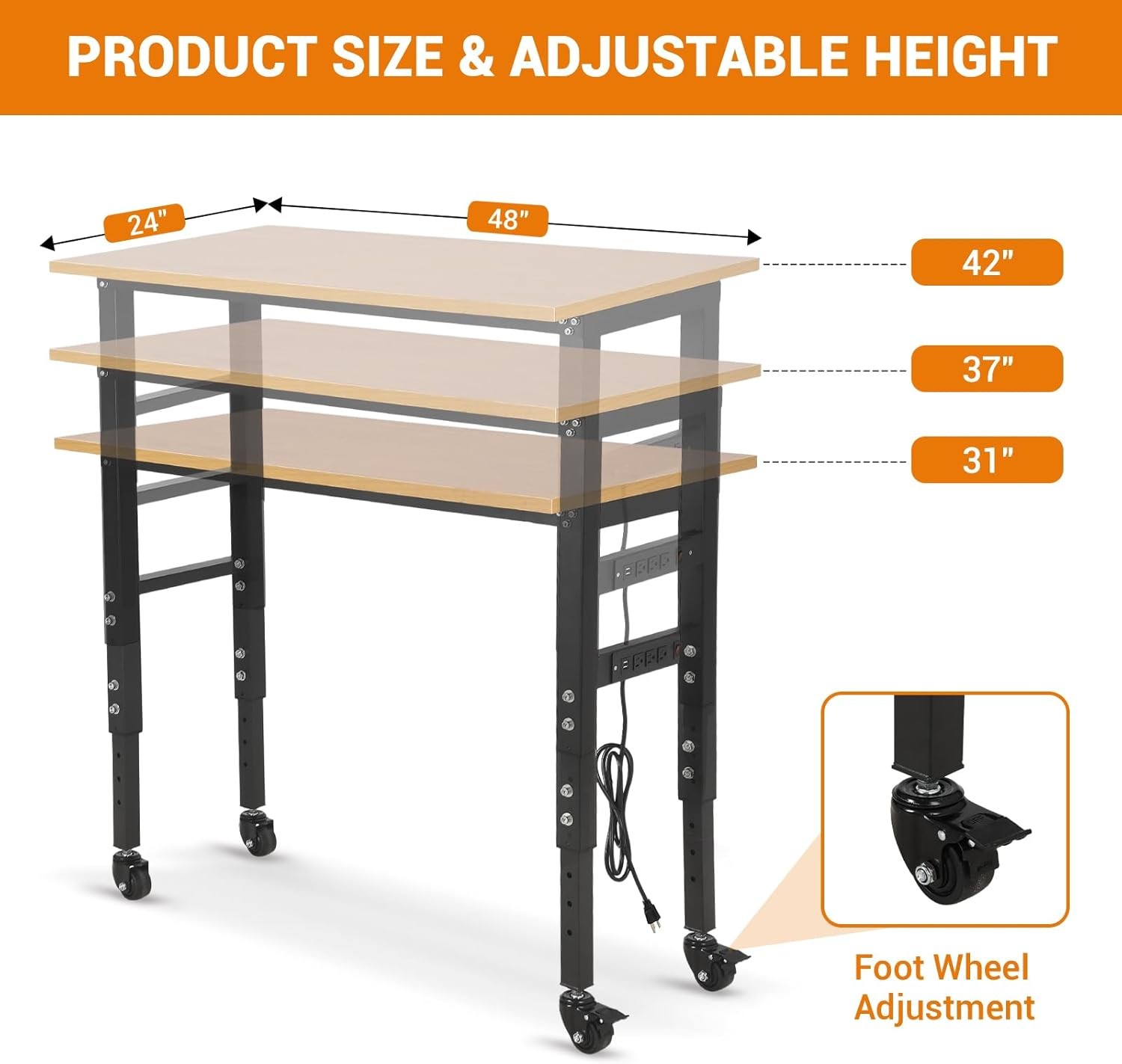 48" Adjustable Workbench Heavy Duty Garage Table w/ Power Outlet for Workshop