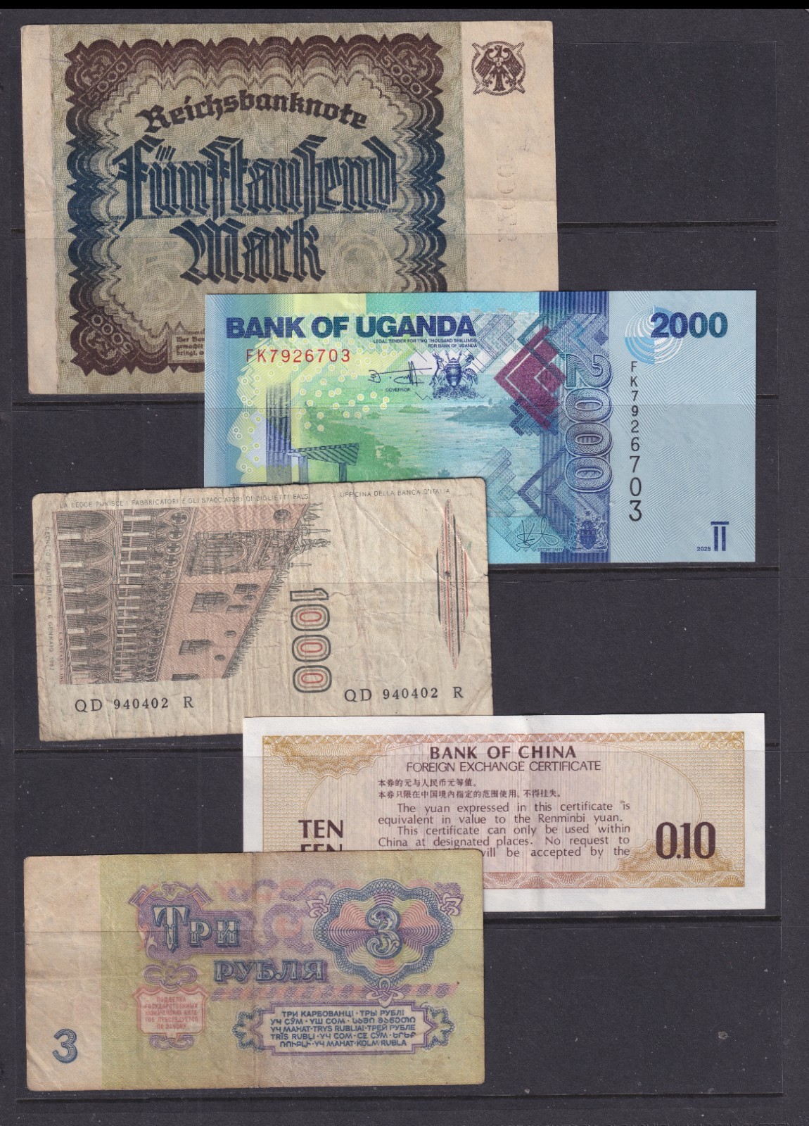 5 Worldwide Circulated Banknotes - Countries as Shown (696)