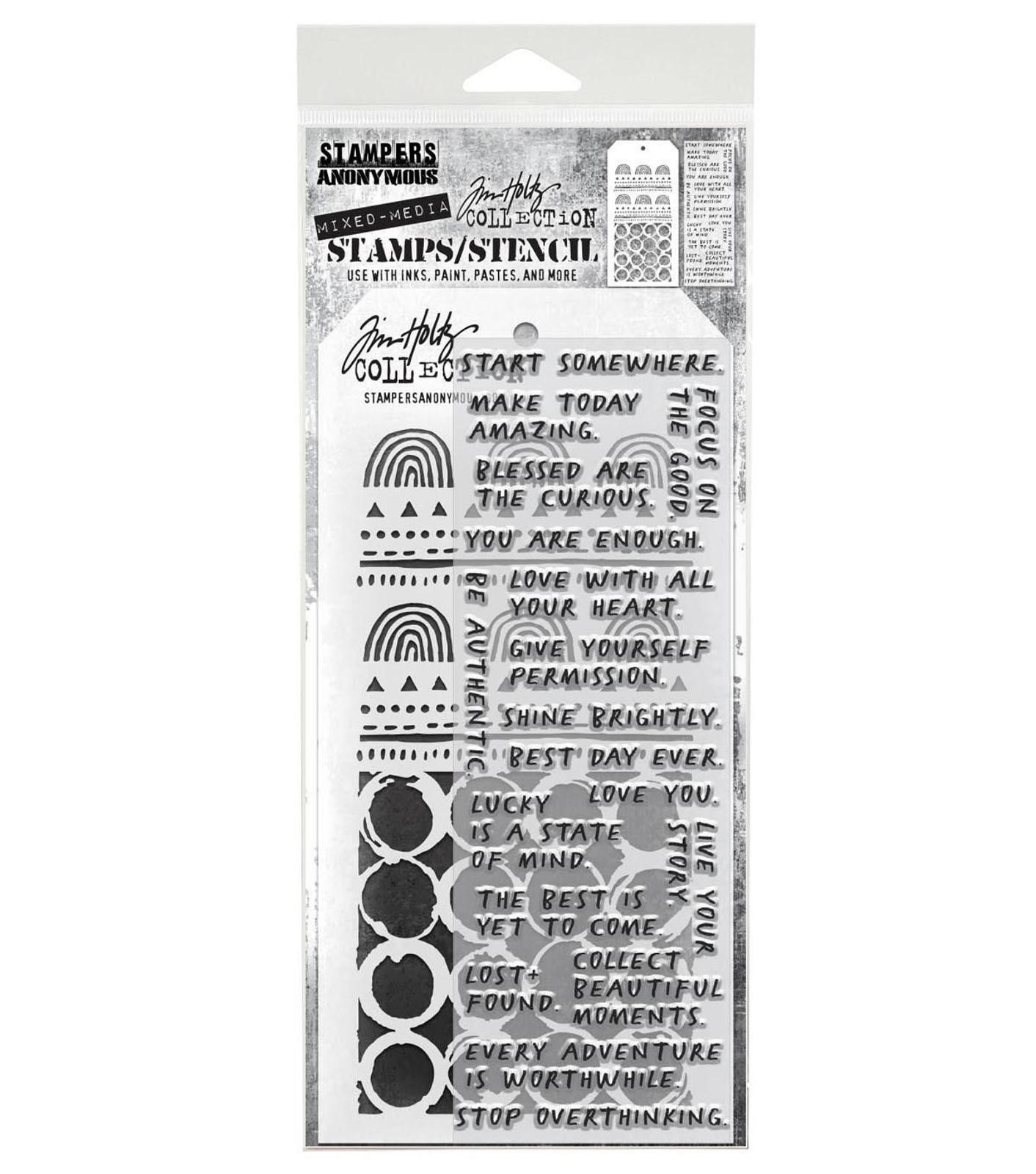 THMM162 Noteworthy Sayings Clear Stamp Rainbow & Ringer Stencil Set Tim Holtz