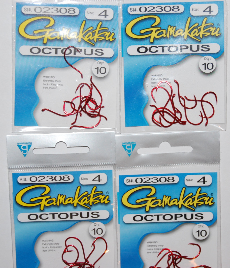 4 packs gamakatsu octopus hook size 4 10 per pack # 02308 red versatile hooks