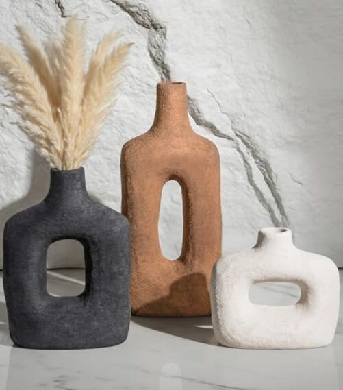 Ceramic Vase Set of 3, Modern Rustic Flower Rust Red Combo - Hollow Design