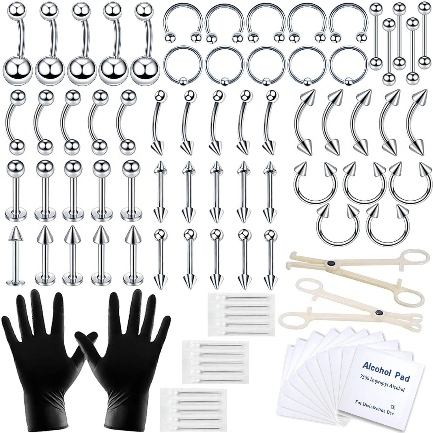 84PCS Body Septum Piercing Kit 14G 16G Tools for Nose Tongue Lip Ear Eyebrow ...