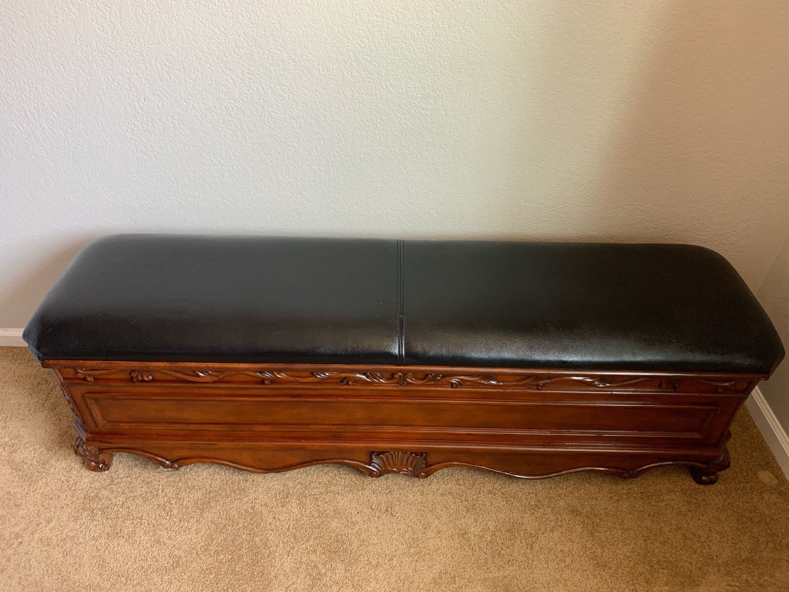 60"W WINSLOW STORAGE BENCH BLACK LEATHER ANTIQUE CHERRY