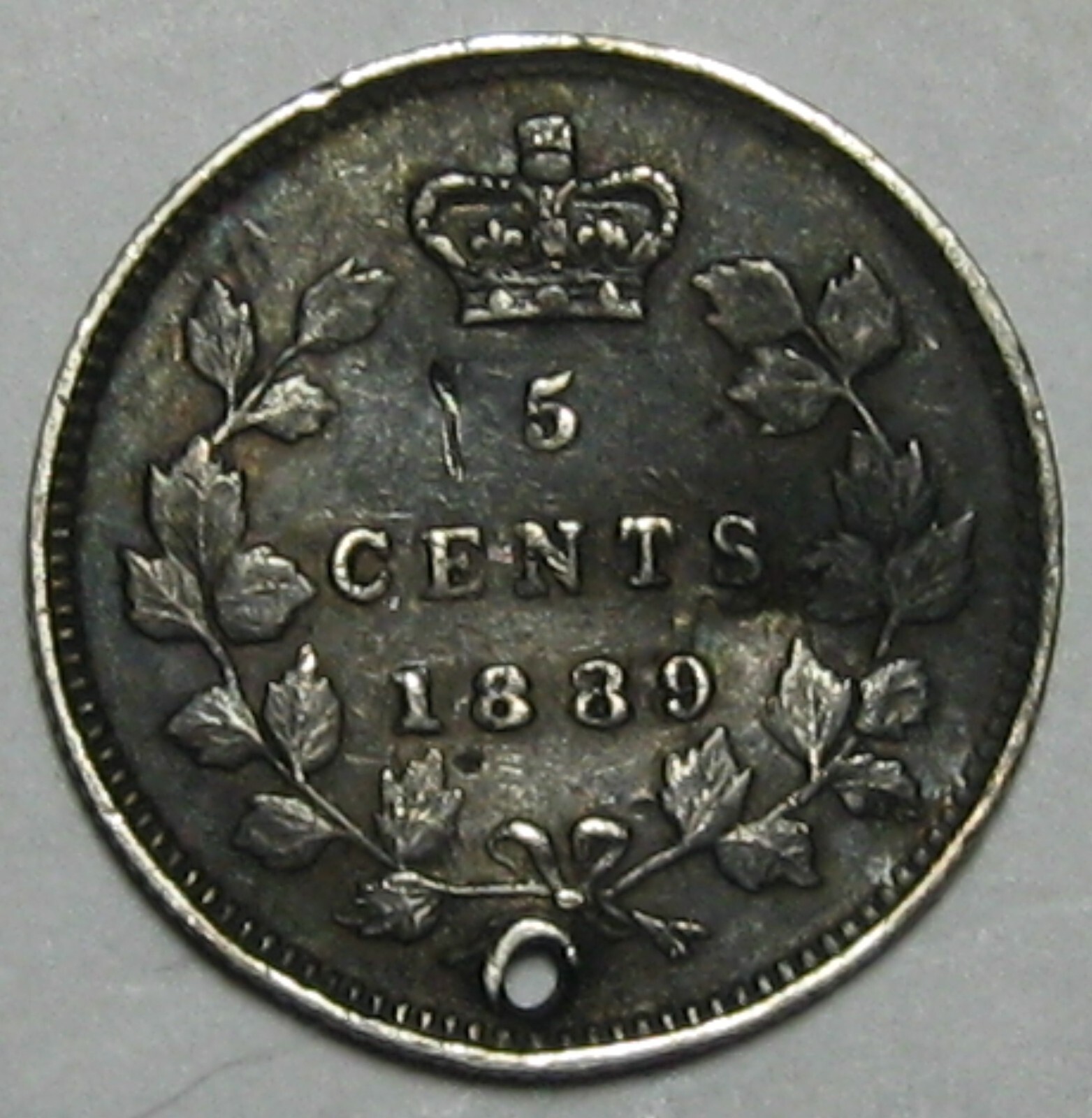 1889 CANADA FIVE CENT SILVER, VERY FINE (HOLED) !!! FREE SHIPPING!!!