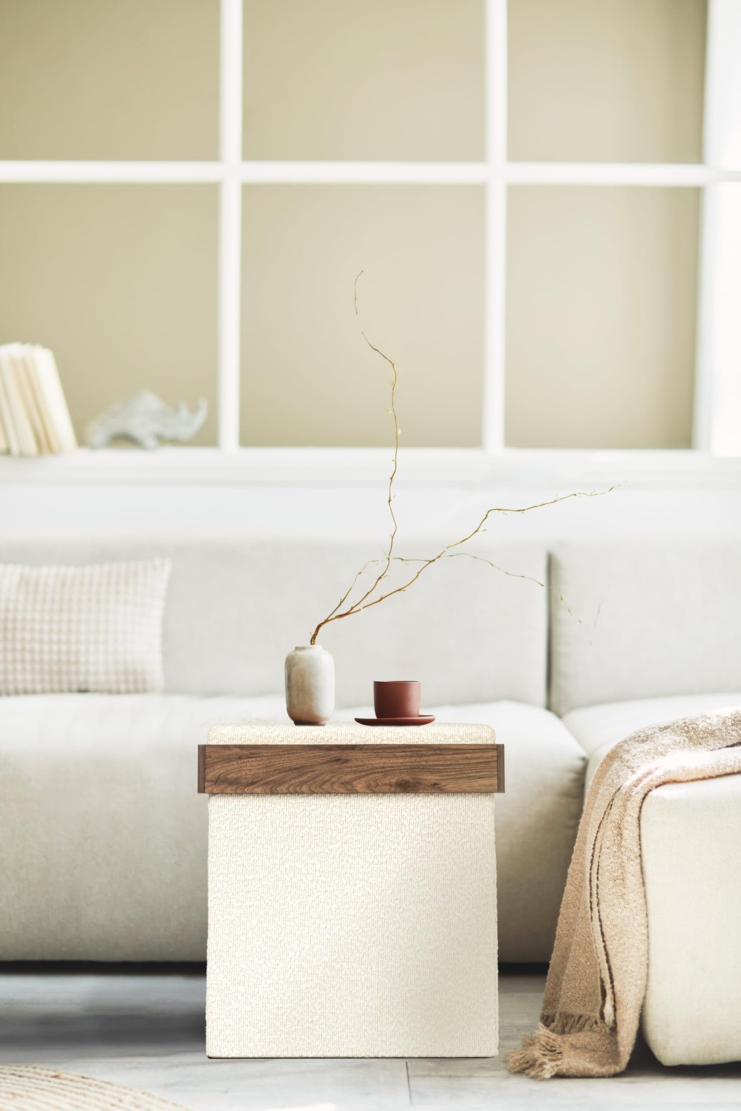 Versatile Boucle Ottoman with Hidden Storage, Cream