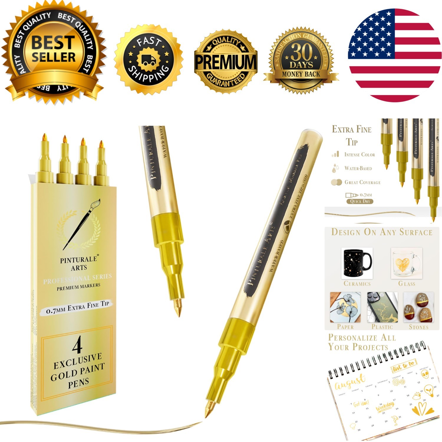 4 Gold Paint Pen Fine Tip | Set 4 Gold Paint Marker Metallic | Extra Fine Tip...