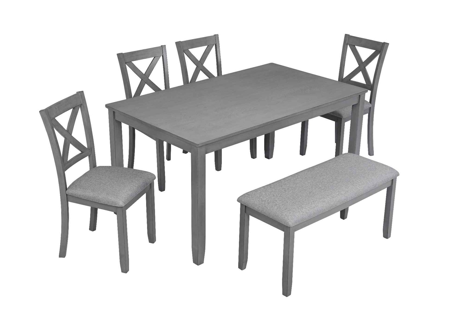 A rectangular dining table, equipped with 4 upholstered chairs and a long bench