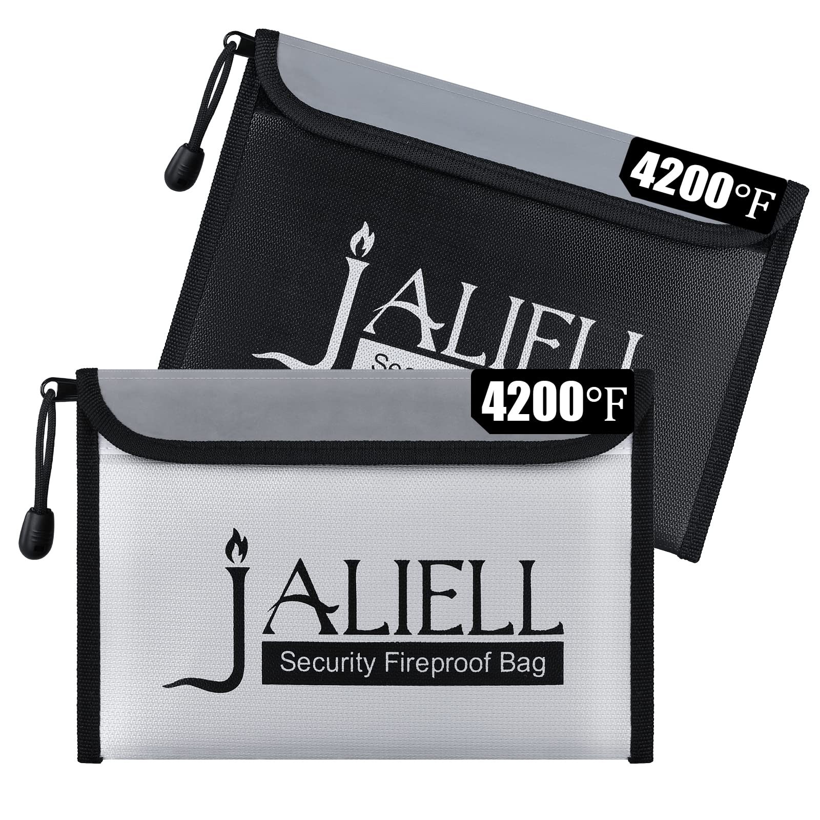2 Pack Fireproof Money Bag (9.5x6.5''), Non-itchy 9.5" x 6.5", Black + Silver