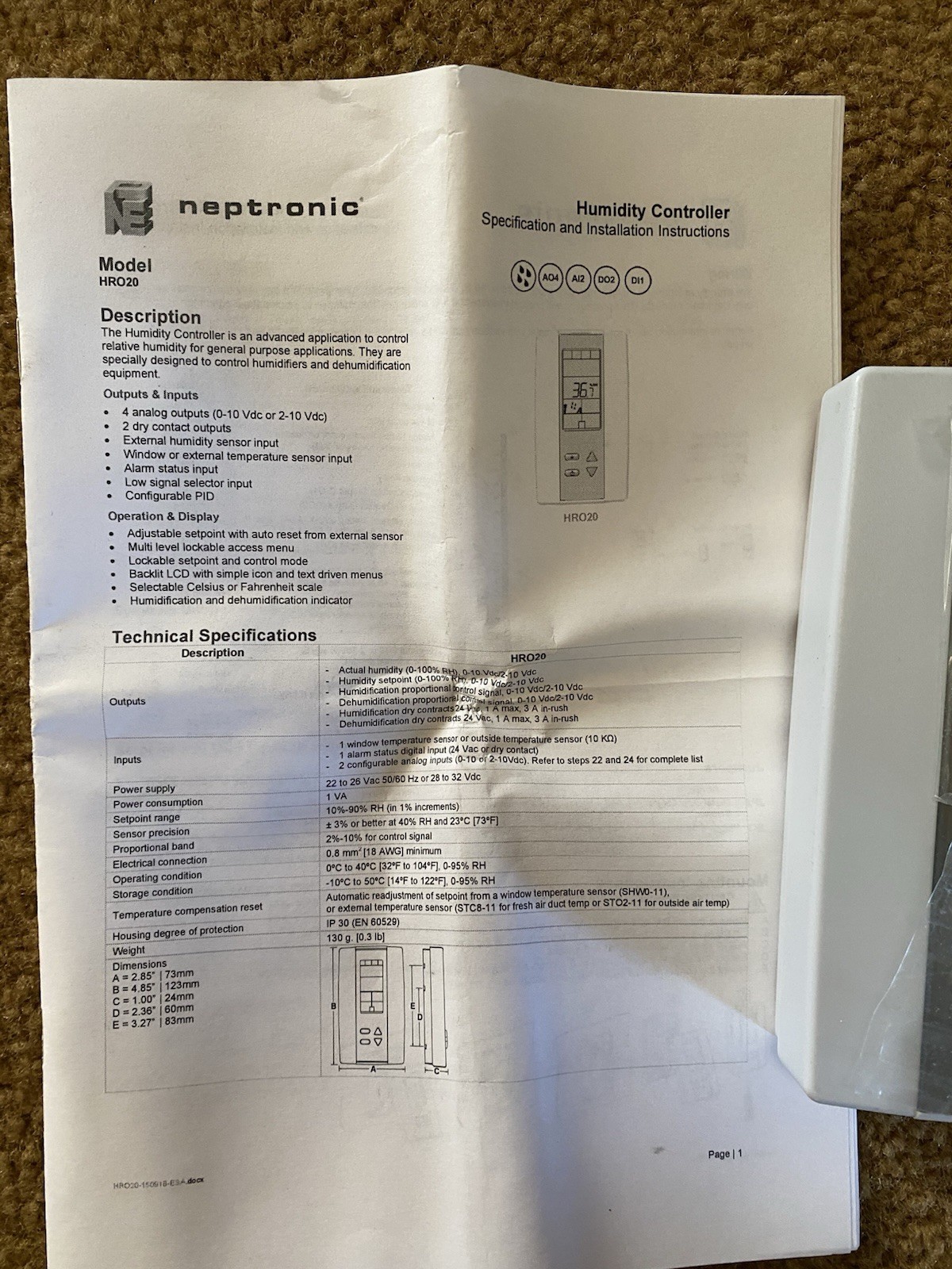 Neptronic NF HRO20 Humidity Controller