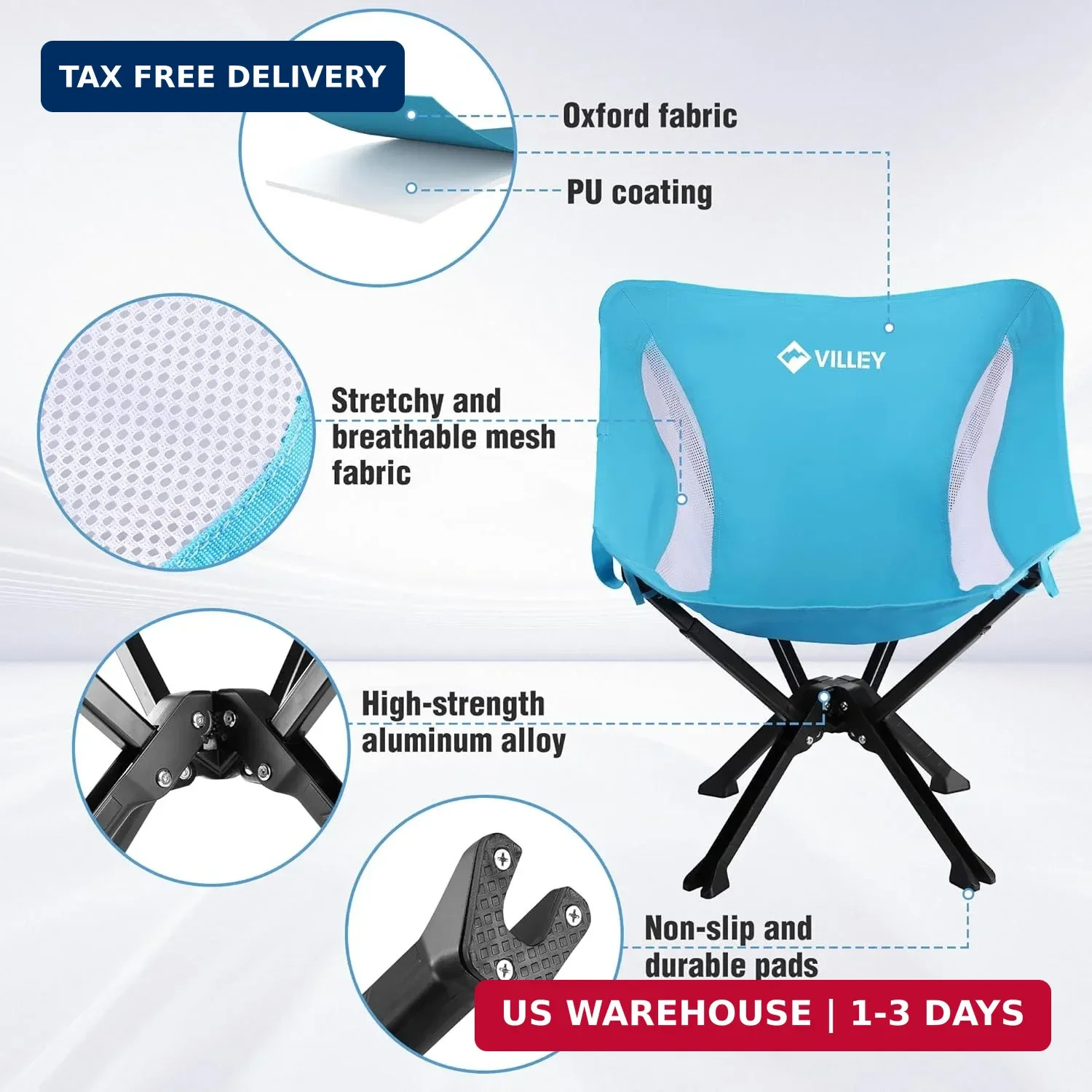 VILLEY Portable Folding Chair Lightweight Camping Chair No Assembly Needed, Quic