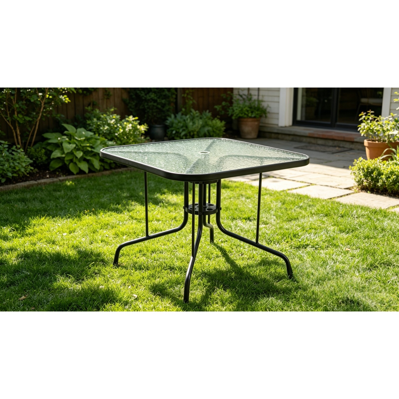 35" Square Patio Dining Table with Tempered Glass Top & Umbrella Hole