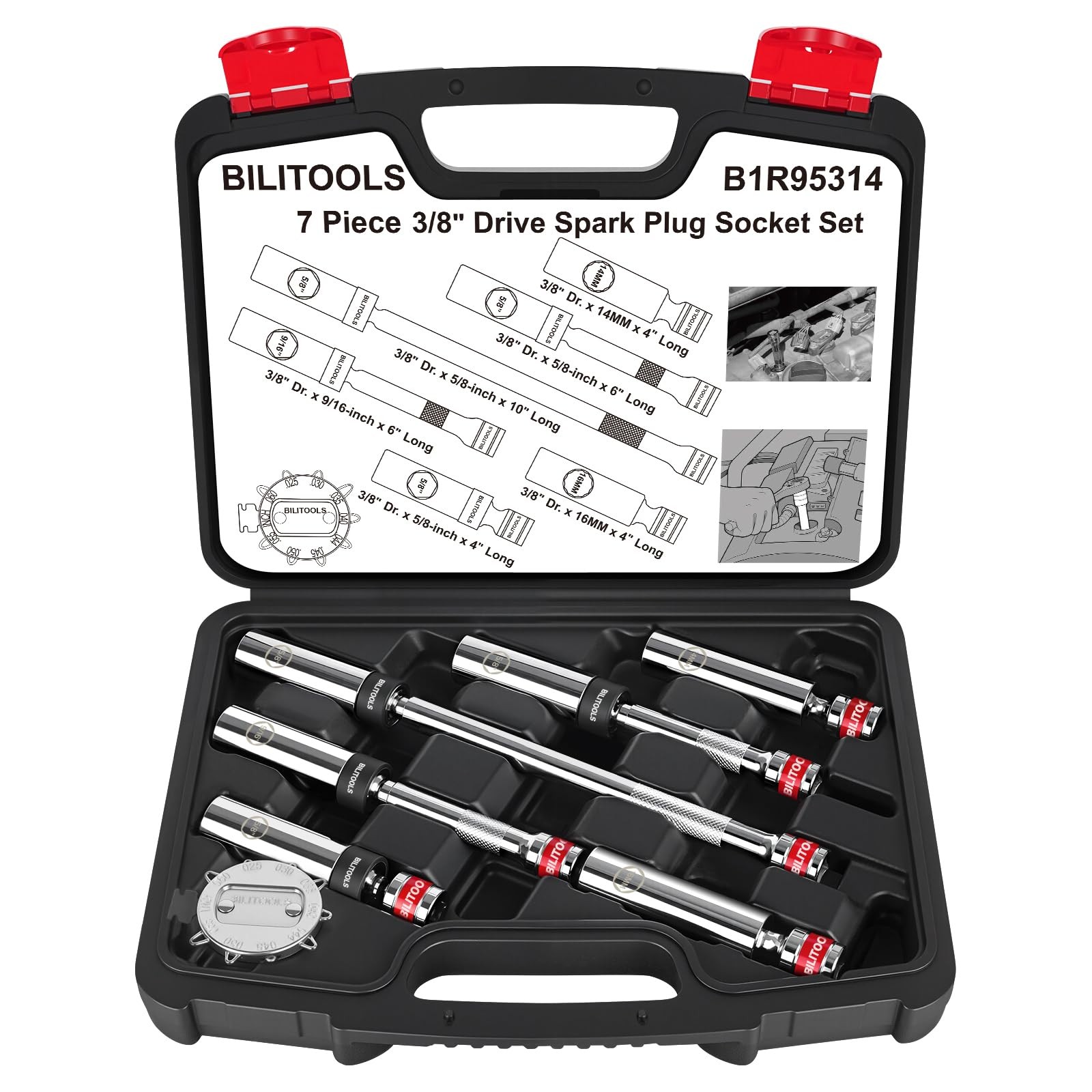 BILITOOLS 7 Piece Magnetic Swivel Spark Plug Socket Set with Gap Tool, 3/8-In...