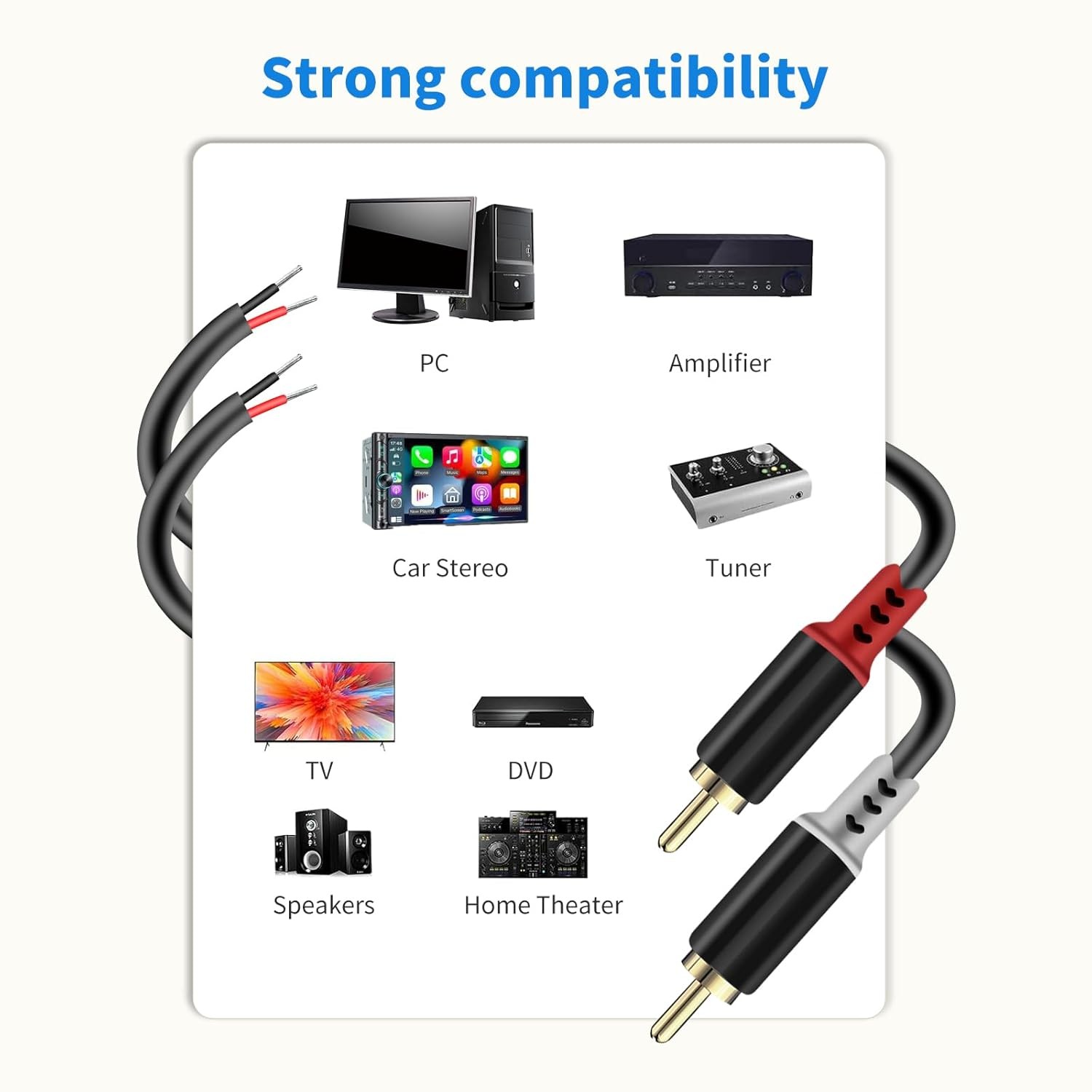 RCA to Speaker Wire Adapter, 2 Bare Cables Plug Adapter - 6.6FT