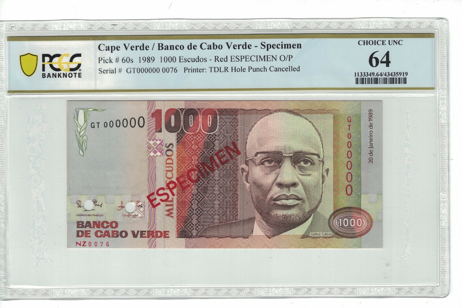Cape Verde 1000 Escudos 1989 Pick# 60s PCGS: 64 UNC. PL1167