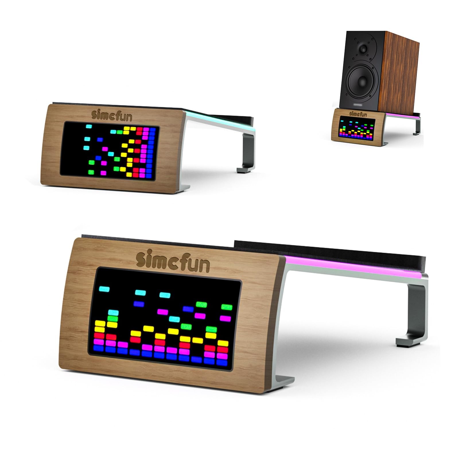 SIMCFUN Desktop RGB Tilt Speaker Stands with Dynamic LED Spectrum Gray+Wood