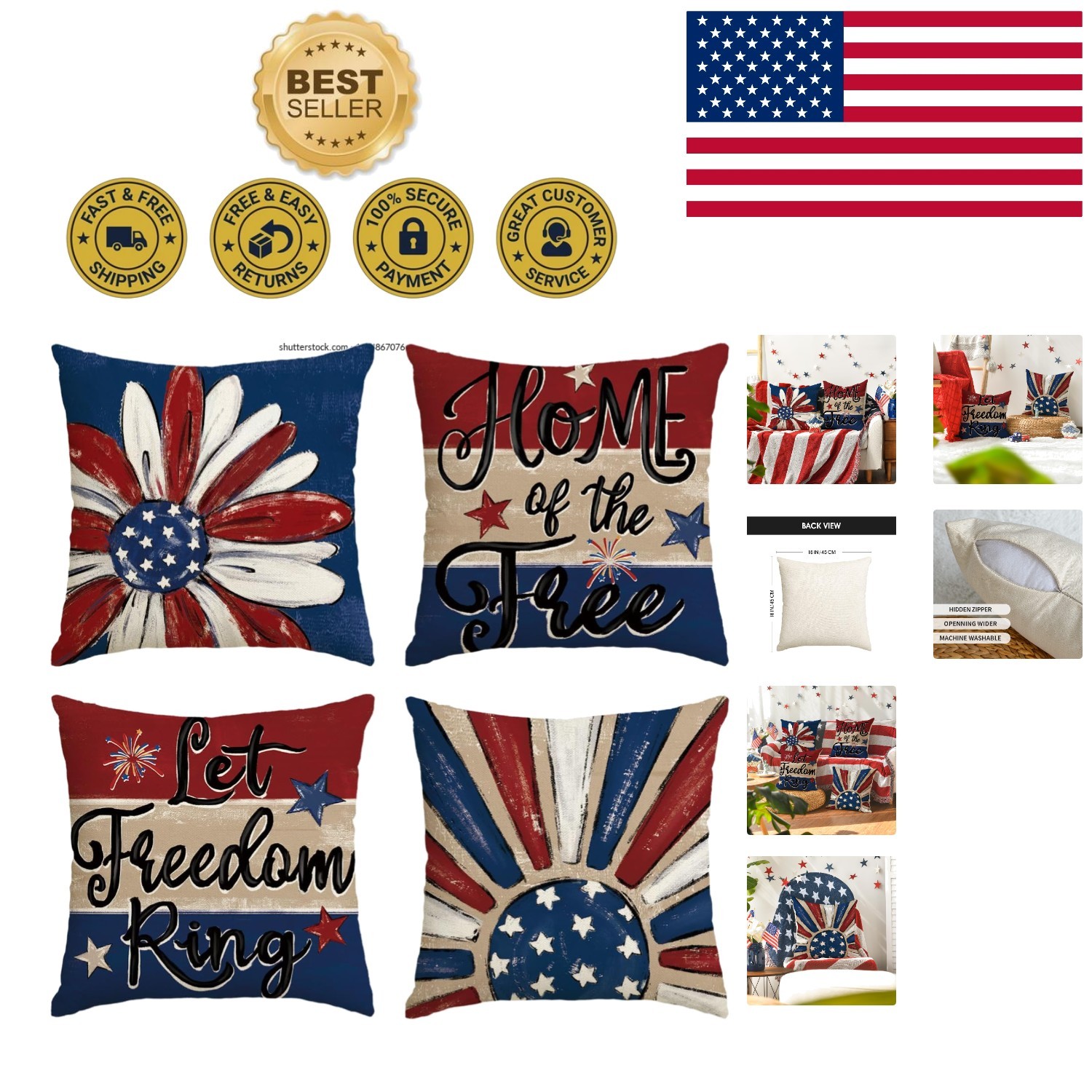 Set of 4 Patriotic 18x18 inch Throw Pillow Covers - 4th of July Fireworks Design