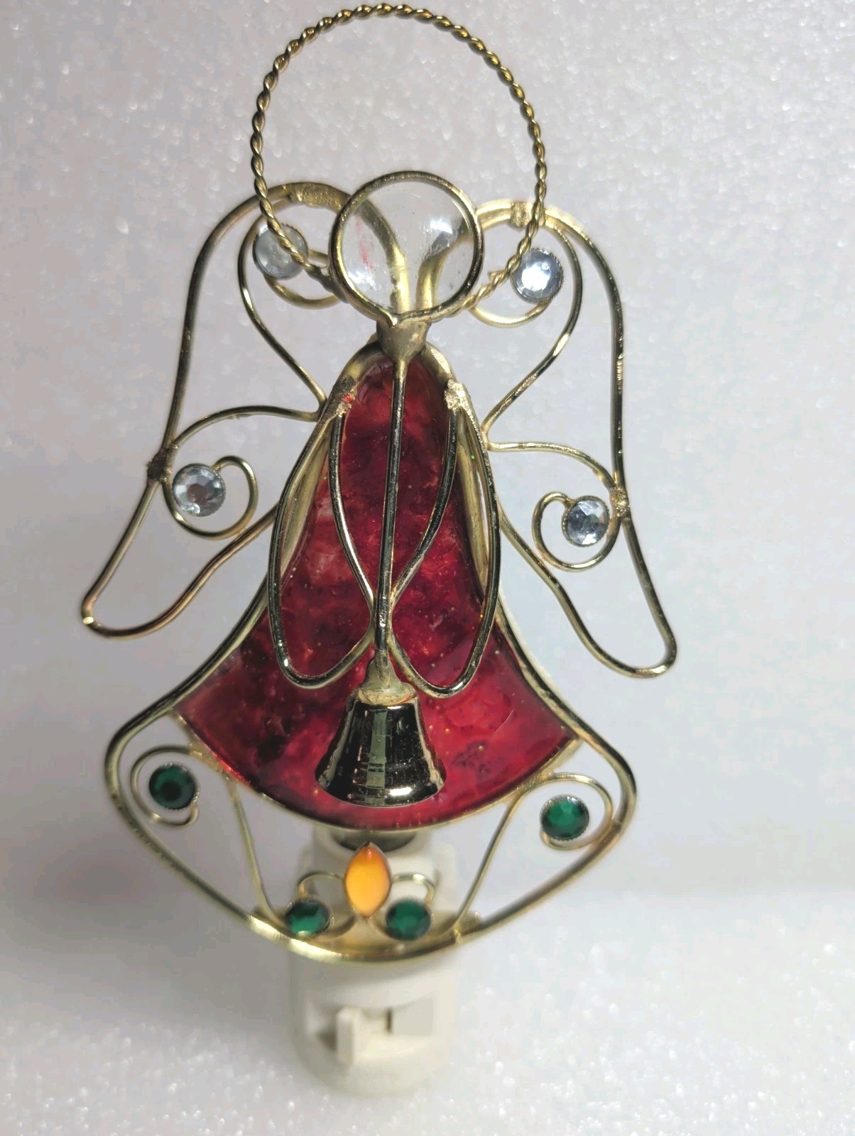 Christmas Angel Bell Red Glass With Green Clear Yellow Gems Nightlight (works)