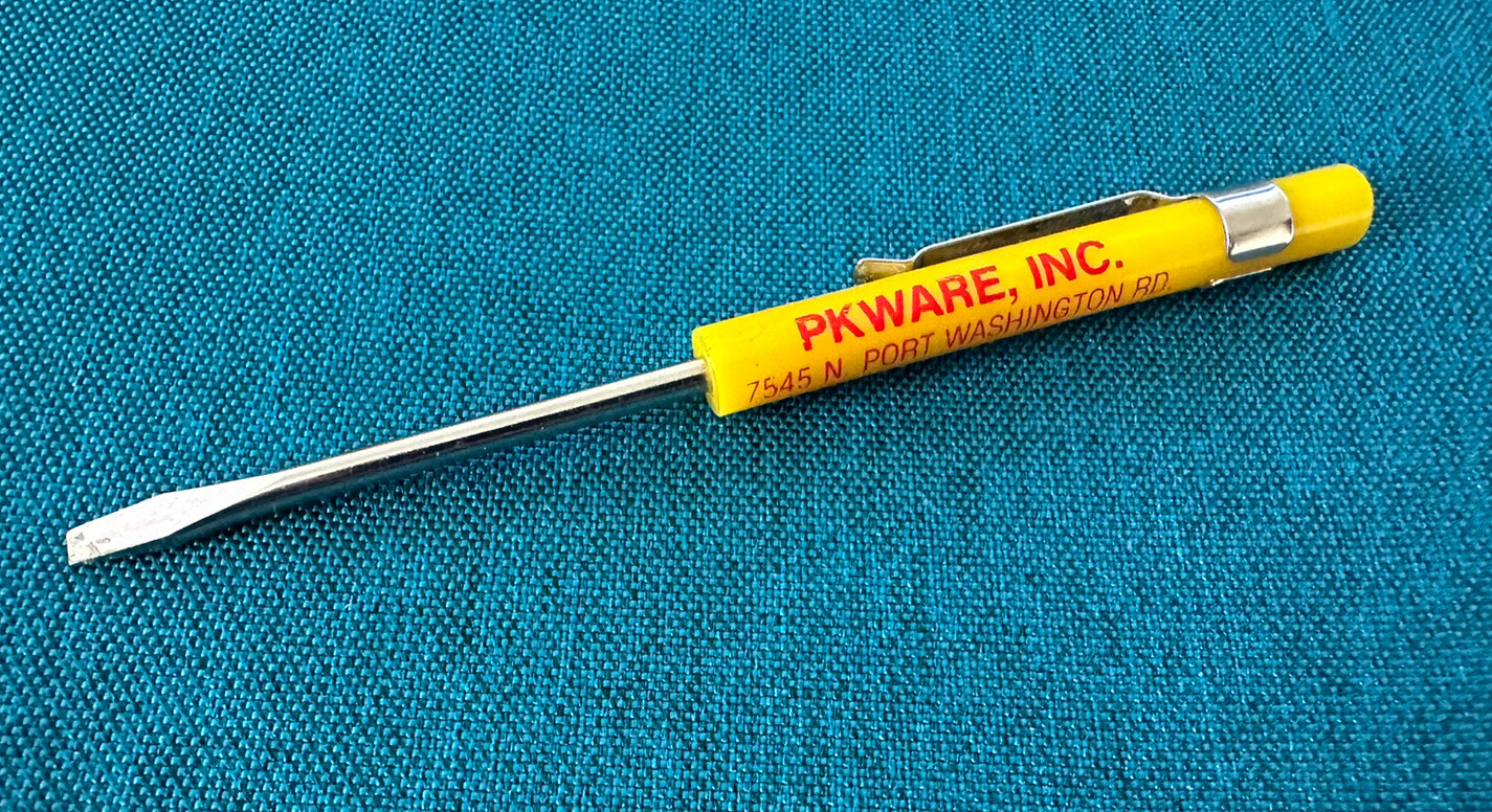 Vintage PKWARE Flat Pocket Screwdriver Yellow Promo Advertisement PK WARE