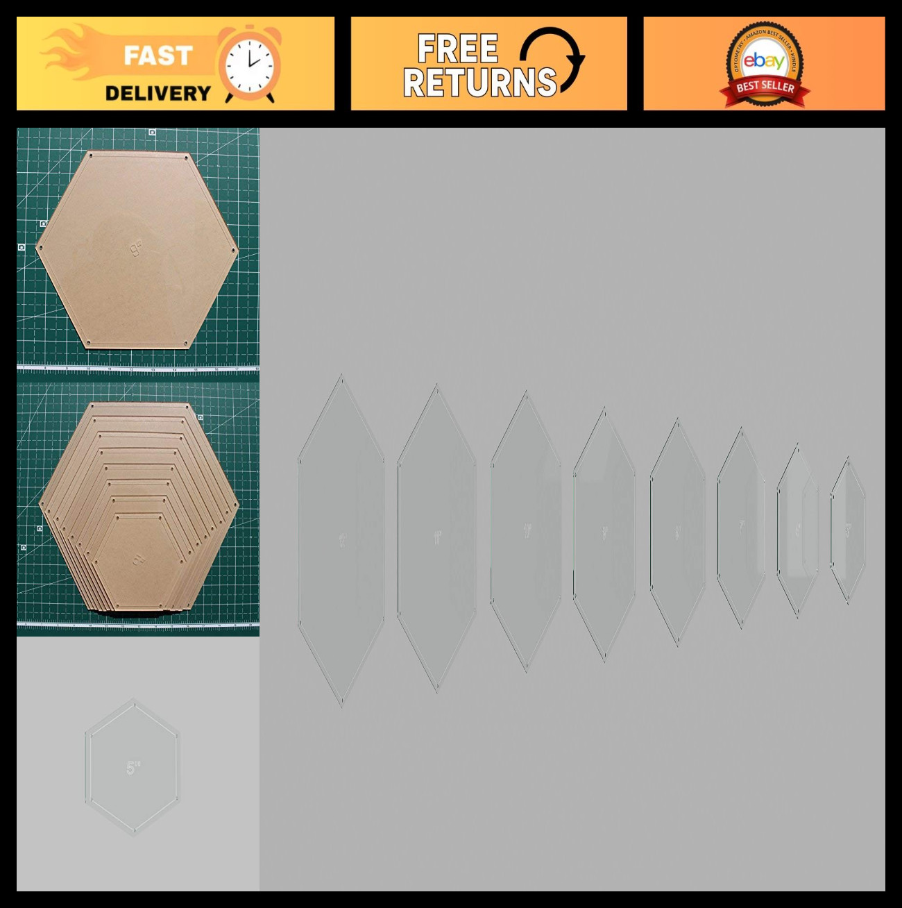 Hexagon Quilting Template Set - 5" to 12" Sizes with 1/4" Seam Allowance, Craft