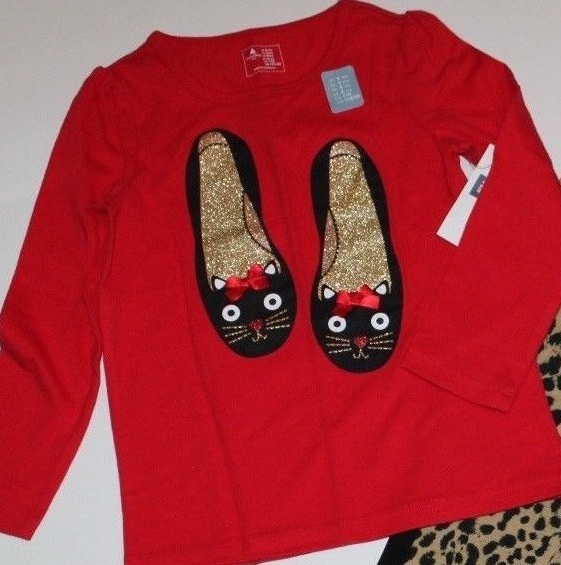 baby Gap NWT Girls 2T 3T 5T Red Top Shirt w/ Glitter Shoes Graphics & 3D Bows