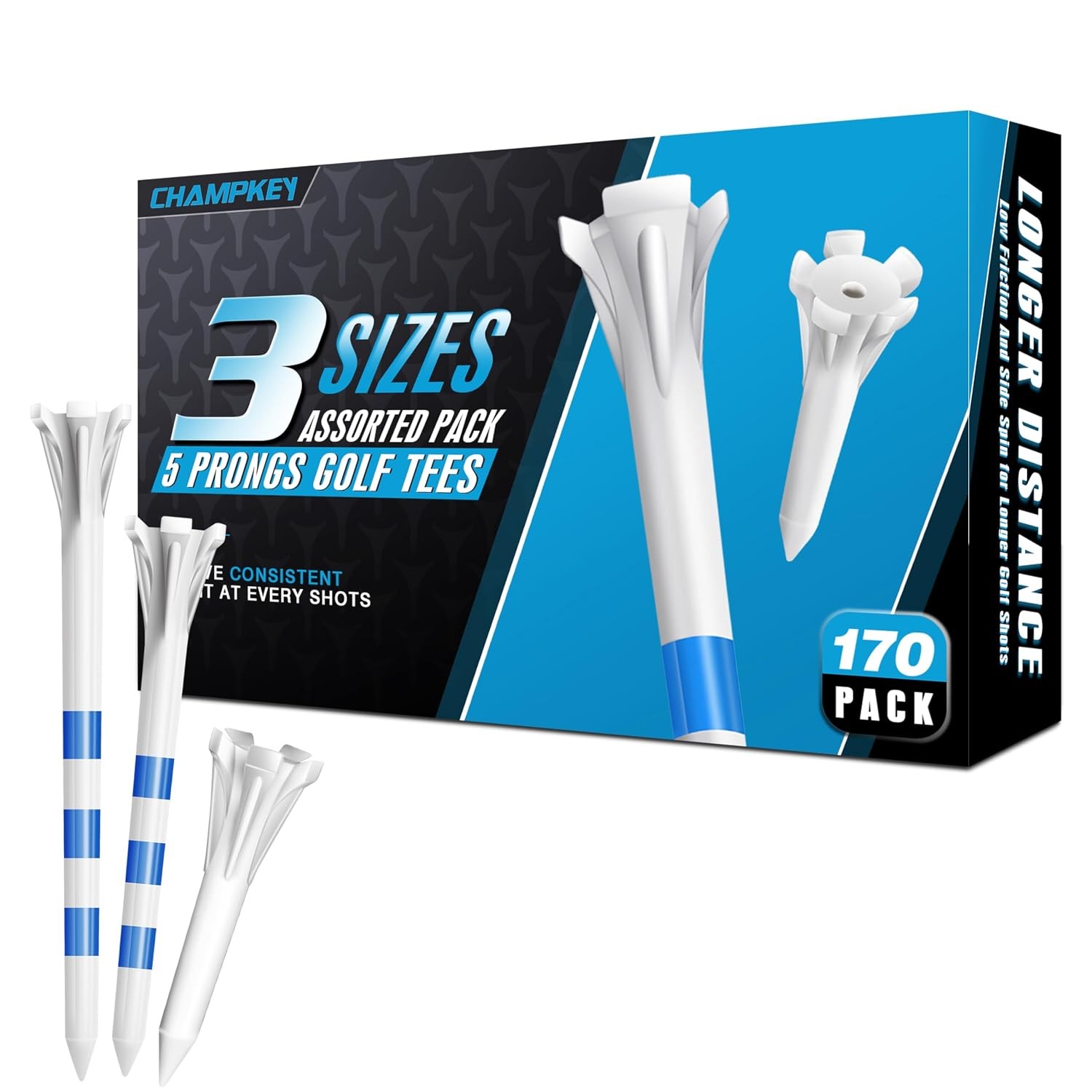 CHAMPKEY Professional 170 Pack 5-Prong Plastic Golf Tees 3 Sizes Assorted Pack -