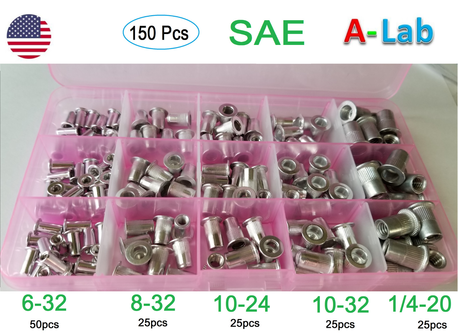 150 pcs Aluminum Rivet Nut  Kit  Rivnut Nutsert Standard Inch SAE Imperial