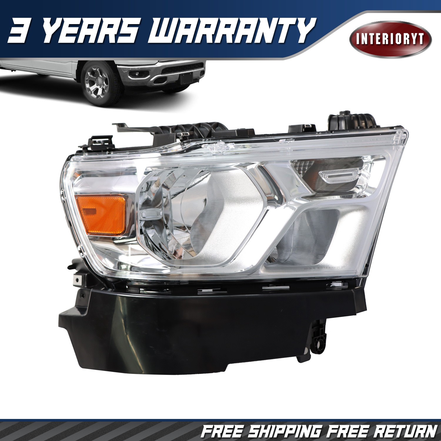 Headlight Headlamp Passenger Right  For 2019-2023 Dodge RAM 1500 Chrome Halogen
