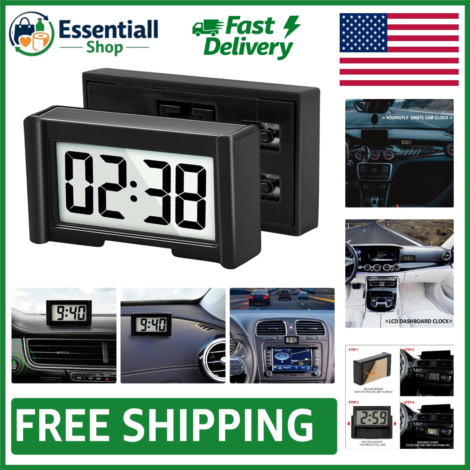 Compact Battery-Operated Digital Dashboard Clock with Stopwatch Function – Black