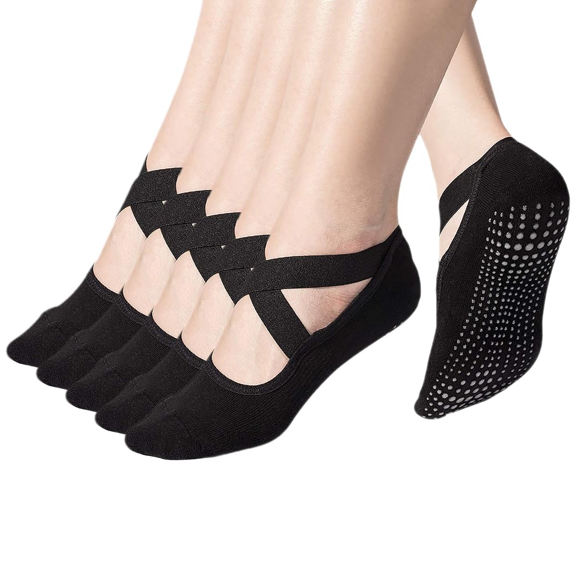 5-Pack Black Padded Cushion Barre Yoga Pilates Socks with Grips for Women Non...
