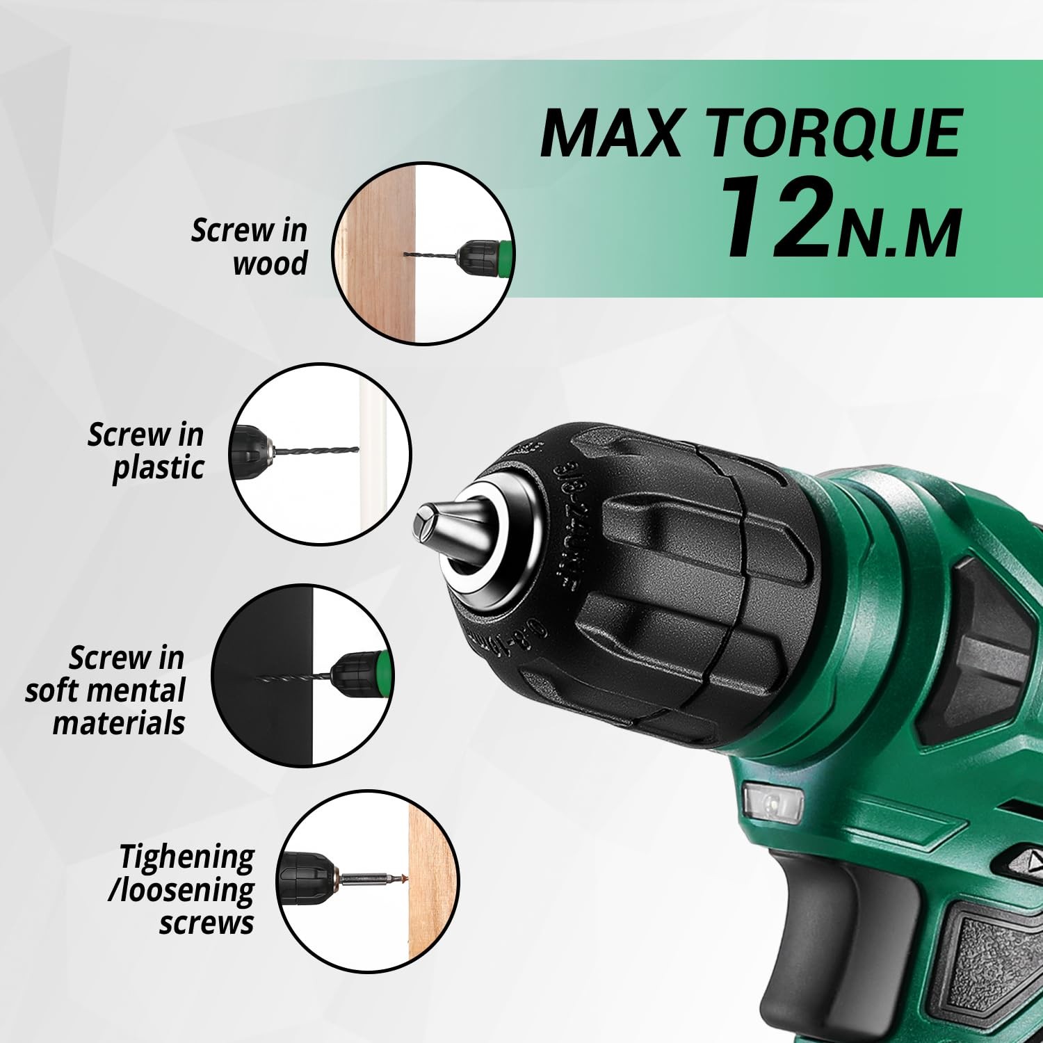 Tool Kit: 8V Cordless Drill, Home Toolbox with storage case, Hand Green
