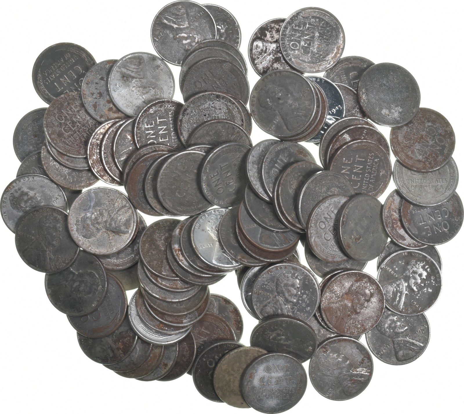 2 Rolls (100 Coins) 1943 Steel Cent 'Silver' Penny Bulk WWII Collection
